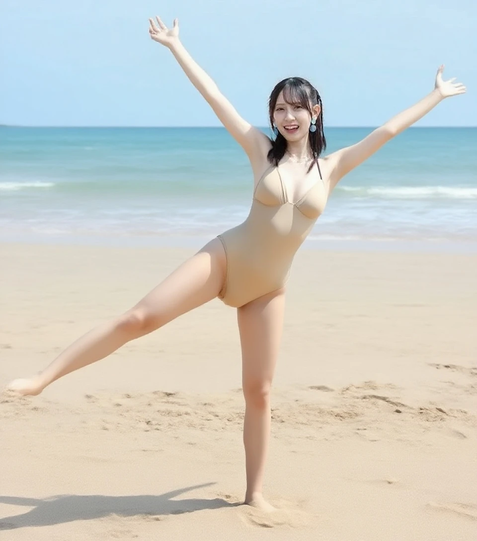 (highest quality、8k、32k、masterpiece、Hmph:1.2)、Cute Japanese Women Photos、Wolf Cut Hair、Brown short hair,(Jumping with wide legs,Full Body Shot:2)、(Separate swimsuit with vinyl straps、Her cleavage is visible、necklace、From above),Very delicate face, Skin and Hair,Muscular,High Style,High resolution、coastline sunset、Kind eyes、(Big Breasts)、White teeth、Moisturized lips、Staring at the person behind the person taking the photo、Canon Camera