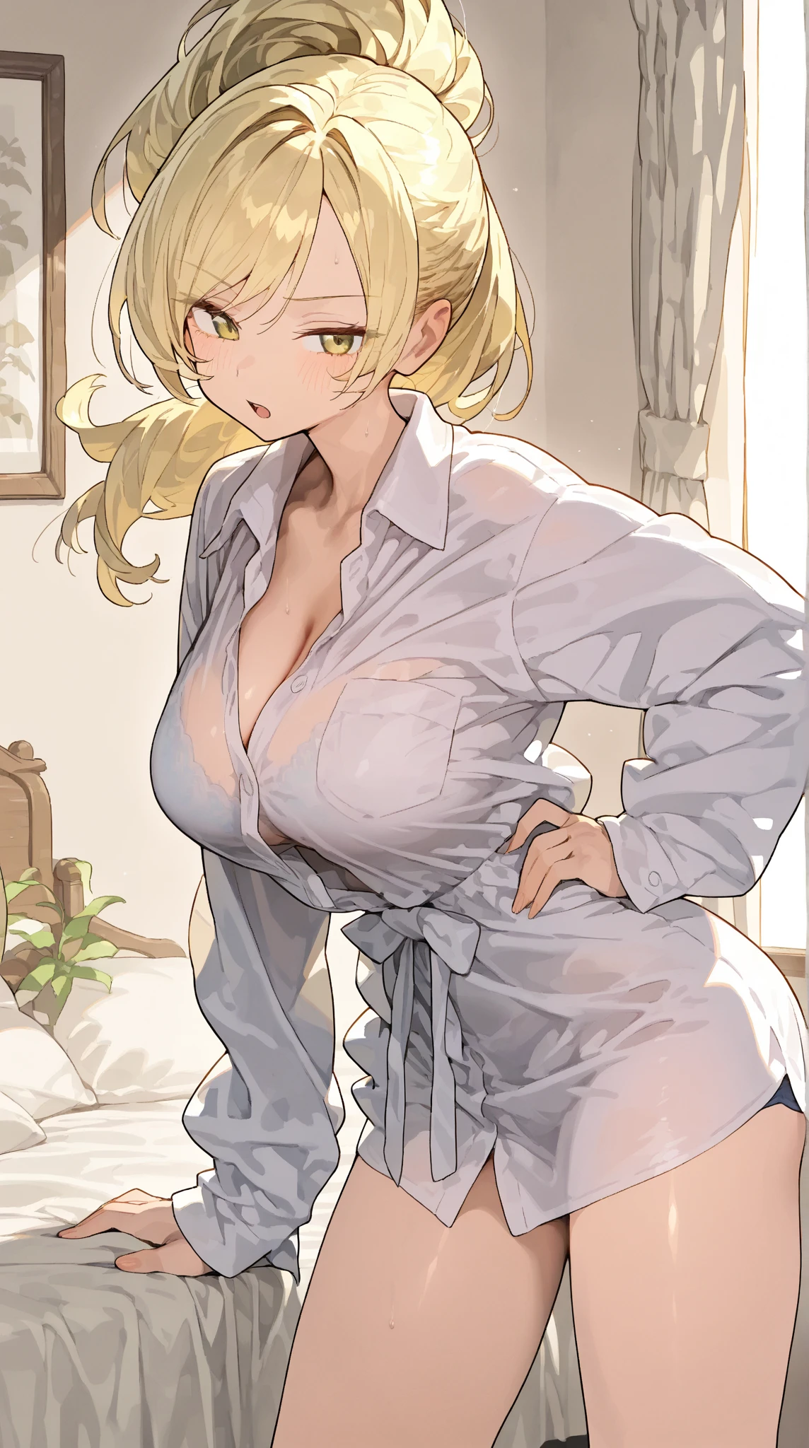 Minecraft Enderman Girl　Golden silky straight hair　Wearing a beautiful yukata and black underwear　Very large breasts　The cleavage is visible　beautiful　Older sister type　Tall slender　Minecraft World　Sitting on the bed　Dark blonde　Black painted room　Anime Style