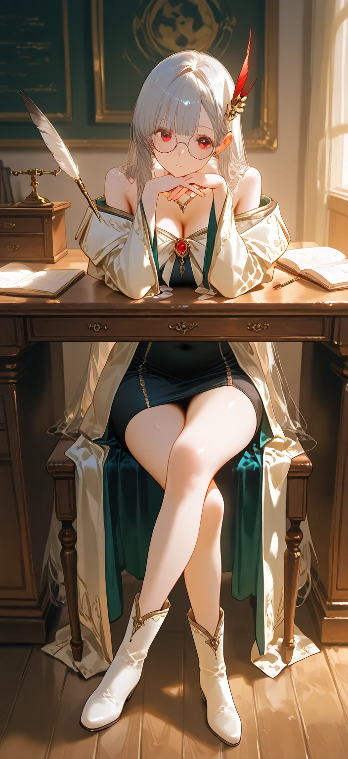 (masterpiece, best quality:1.3), (face focus:1.3), Yagokoro Eirin, Touhou Series, perfect face, expressive eyes, 1woman, looking at viewer, 38 years old, gorgeous body, big breast, beautiful, anime, lora,1woman, silver hair, braid hair, nurse cap, red and blue clothes, long skirt, (evil look, looking down on viewer:1.5), (crossed legs:1.5), (cinematic lighting, realistic, dream-like, enchanting atmosphere:1.5), (photo of a woman in her dark and mysterious environment:1.3), (the woman surrounded by an aura of mystery and intrigue:1.3), (in the middle of a massive modern library in the style of Tianjin Library:1.3), (candles flickering, casting dancing shadows around the room:1.3), (the dim lighting adding to the ambiance of secrecy and mysticism:1.3), (a crystal ball nearby, adding to the mystical setting:1.3), (symbols of astrology and esoteric knowledge decorating the room:1.3), (a hint of incense in the air, adding to the sensory experience:1.3),