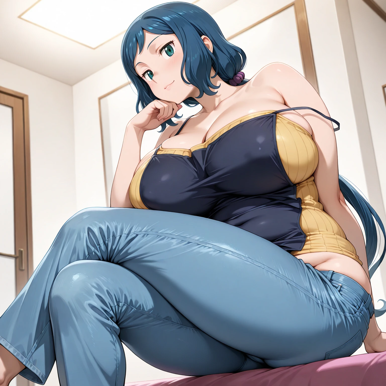 (best quality:1.1),(masterpiece:1.4),(absurdres:1.0), 1girl, blue hair, long hair, black eyes, unusual pupils, black business, necktie, nonvisible cleavage, full body view, big breasts, huge ass, containment unit, pure white skin, :< face, bright eyes, (chibi:1.3)