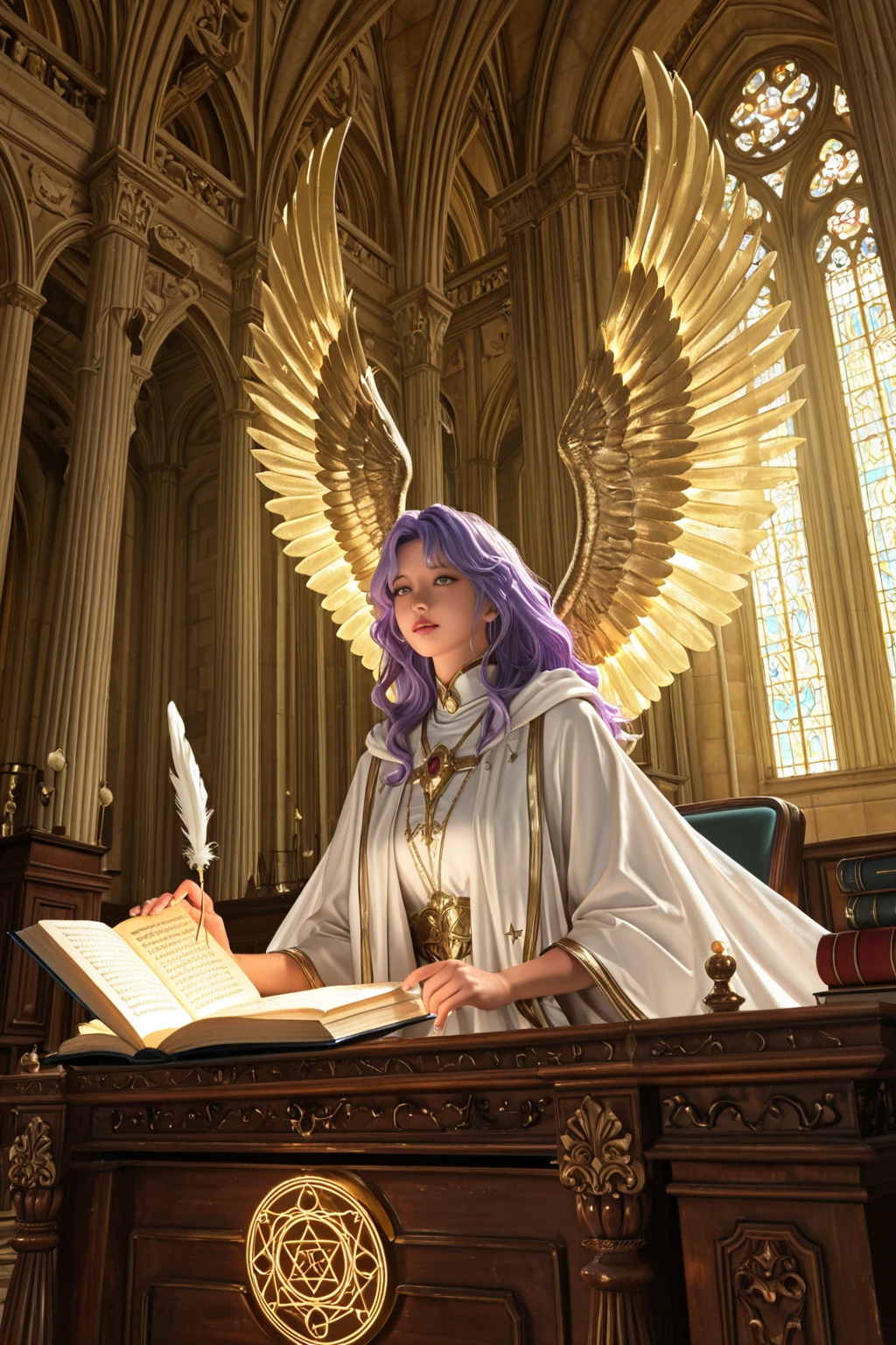 a picture of a female angel playing the pipe organ in church, a beautiful female angel, full body shot, ultra detailed face, ultra feminine, spread angelic wings,  red hair, wavy hair, dynamic eyes color, dynamic divine clothing, atmosphere of serenity, divine atmosphere playing pipe organ in church, catholic church background, fantasy art, RPG art, best details, best quality, 16K, [ultra detailed], masterpiece, best quality, (ultra detailed), full body, ultra wide shot, photorealistic