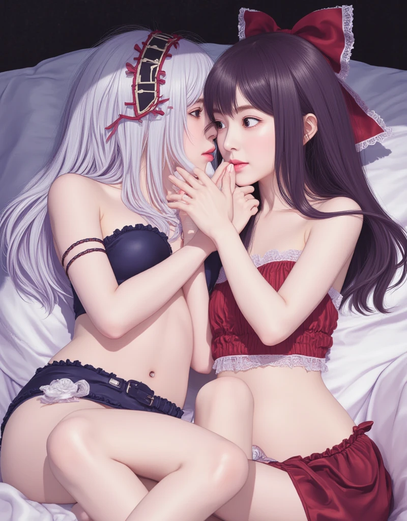 (looking at viewer), (((2 girls))),fullbody view,((erotic posing)),Dynamic posing,Arrange pose, а beautiful girl lying on another beautiful girl, kissing, sensual poses,In the banquet hall, sunlight filtering through the windows, vibrant colors, dreamlike atmosphere, masterpiece, 8k, highly detailed, photorealistic, cinematic lighting, overall look is very erotic, amazing, round chest、Beautiful eye details、Very slender eyes、Beautiful eyelashes、beautiful double eyelid, creamy silk robe, lace white bra and panties, beautiful hair, young girls, blonde hair and light purple hair