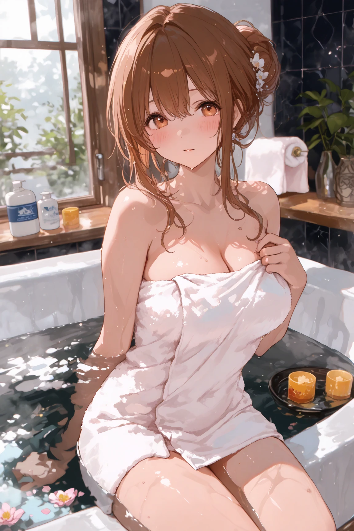 masterpiece,Best quality,Perfect body,Anime girl,1 girl,Long light chestnut hair,Patsun,Ponytail,Light blue eyes,Hanging eyes,Pretty girl,Big:1.3,Wrap a towel around your body,Cleavage,Curvaceous legs,Bathroom,Bath time,Bathtub,Relax in bathtub
