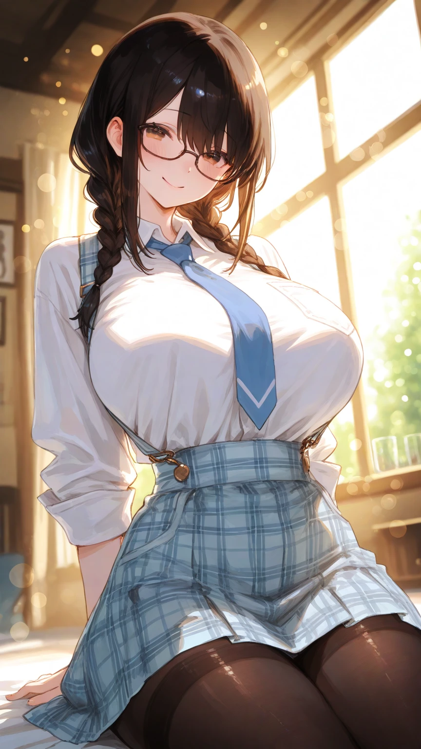 Wife 30 years old，Huge Breasts，Brown wavy hair，earrings，Smile，Inside the office building，cloudy day，Sexy，noble，red glasses，green eyes，lipstick，Soaked all over，Sheer suspender skirt，Meticulous background