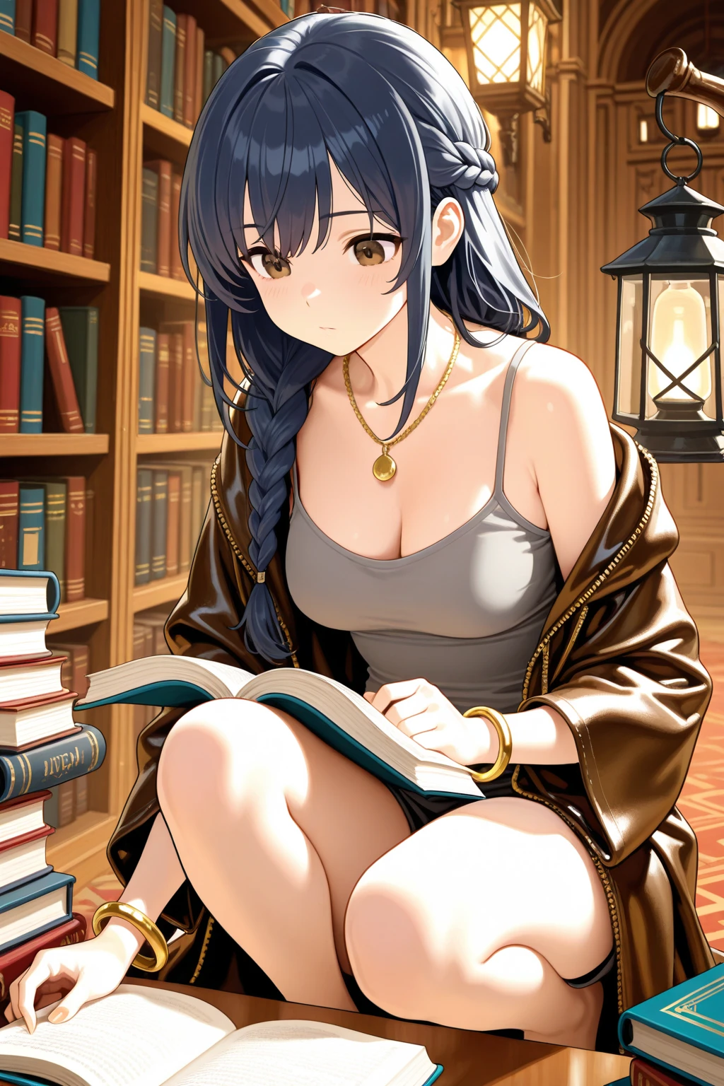 ((Tabletop, highest quality, High resolution, , Pixel Perfect, 4K, ))), Beautiful woman,, alone, beauty、The whole body is visible、 (((Sexy Witch Cosplay), Long dark blonde wavy hair、Off-the-shoulder jacket,　Dark blue flared skirt、Black knee-high stockings、Gorgeous hair ornament、Gorgeous necklace、Mid-wave hair, bangs, Brown Hair)), ((Brown eyes, Beautiful eyelashes, Realistic eyes)), ((Detailed face, Blushing:1.2)), ((Smooth texture:0.75, Realistic texture:0.65, Realistic:1.1, Anime CG Style)), Center of chest, Dynamic Angle, Perfect body, ((,)), Showing cleavage、No bra、Very embarrassing panic smile, 、Big castle library、Sit on a chair、A large magic book on a desk、Lean on the desk、、(、、Pink lace bra and panties are visible、)、Angle from below