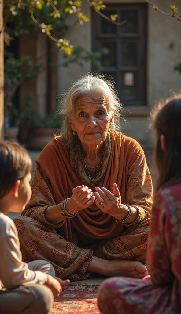 An elderly woman with a warm and kind face, dressed in simple, worn clothes that reflect her humble lifestyle. Her eyes sparkle with joy, and her smile is infectious, radiating happiness and contentment. She sits under a tree, surrounded by children, sharing stories and laughter. Despite her poverty, she exudes an aura of inner peace and fulfillment. Arjun approaches the old woman, who is still surrounded by the children. He is dressed in fine clothes, while she remains in her simple attire. The contrast between them is striking—his wealth versus her poverty, his troubled expression versus her serene smile. The moment captures the beginning of Arjun’s journey towards understanding true wealth.