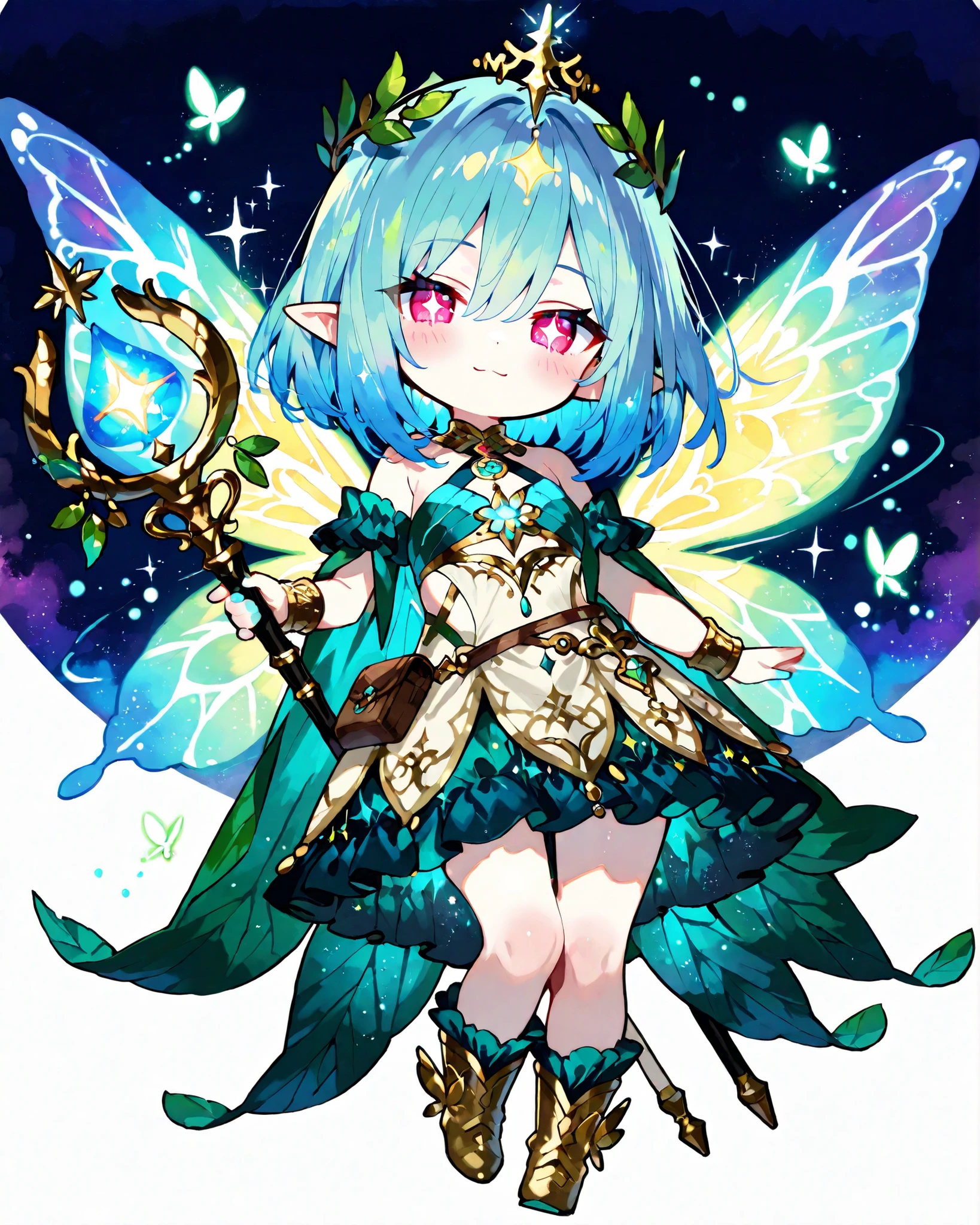 masterpiece, best quality, super-deformed (SD), mini character style, chibi chibi, style of Kei Mochizuki, style of Kei Mochizuki /k.s†,
A charming chibi fantasy character with a big head, small body, expressive pair of eyes sparkling with curiosity and mischief. She has short, tousled aqua-blue hair decorated with tiny glowing fireflies and a delicate, leaf-shaped tiara. Her outfit is a whimsical blend of fantasy and nature — a short, ruffled dress made of shimmering moss-green fabric with glowing, rune-like patterns, paired with tiny leaf-themed boots and a flowing, petal-like cape. She has tiny, iridescent fairy wings fluttering softly behind her, glowing with a gentle light. In one hand, she holds a miniature enchanted staff topped with a glowing crystal, and in the other, a small pouch filled with sparkling fairy dust. Her pose is lively and playful, as if she’s about to cast a spell or embark on an adventure. The character's proportions should follow the chibi style with a large head, small body, and exaggerated features, but all details must be clearly visible and not cut off. The character should be centered in the image, occupying about 70% of the frame, with enough space around for a balanced composition. The background should be plain, bright white, simple, and clean to emphasize the character. Ensure the illustration has a soft, vibrant color palette, with smooth shading and a cute, whimsical vibe