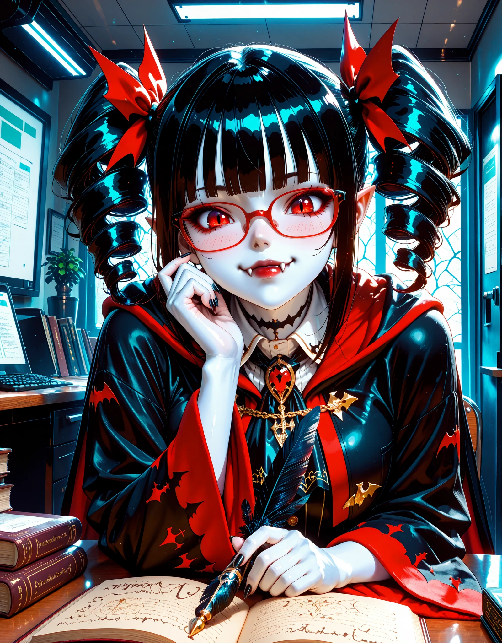 Very High resolution,cute anime-style,masterpiece,best quality,amazing quality,hyper-detailed,very aestheticAn absurd space,A distorted corridor,A simple working desk,A female vampire working at the reception desk,She's writing in a thick book with a quill,A black quill,Black hair,Twin drills,Hime cut,Glasses,(white skin:1.3),Crimson eyes,A businesslike expression,(Vampire fangs protruding from between her lips:1.3),Dark red lipstick,Closed mouth,A Greek-style robe made of black cloth,Black crow feathers growing from her back,Black nail polish