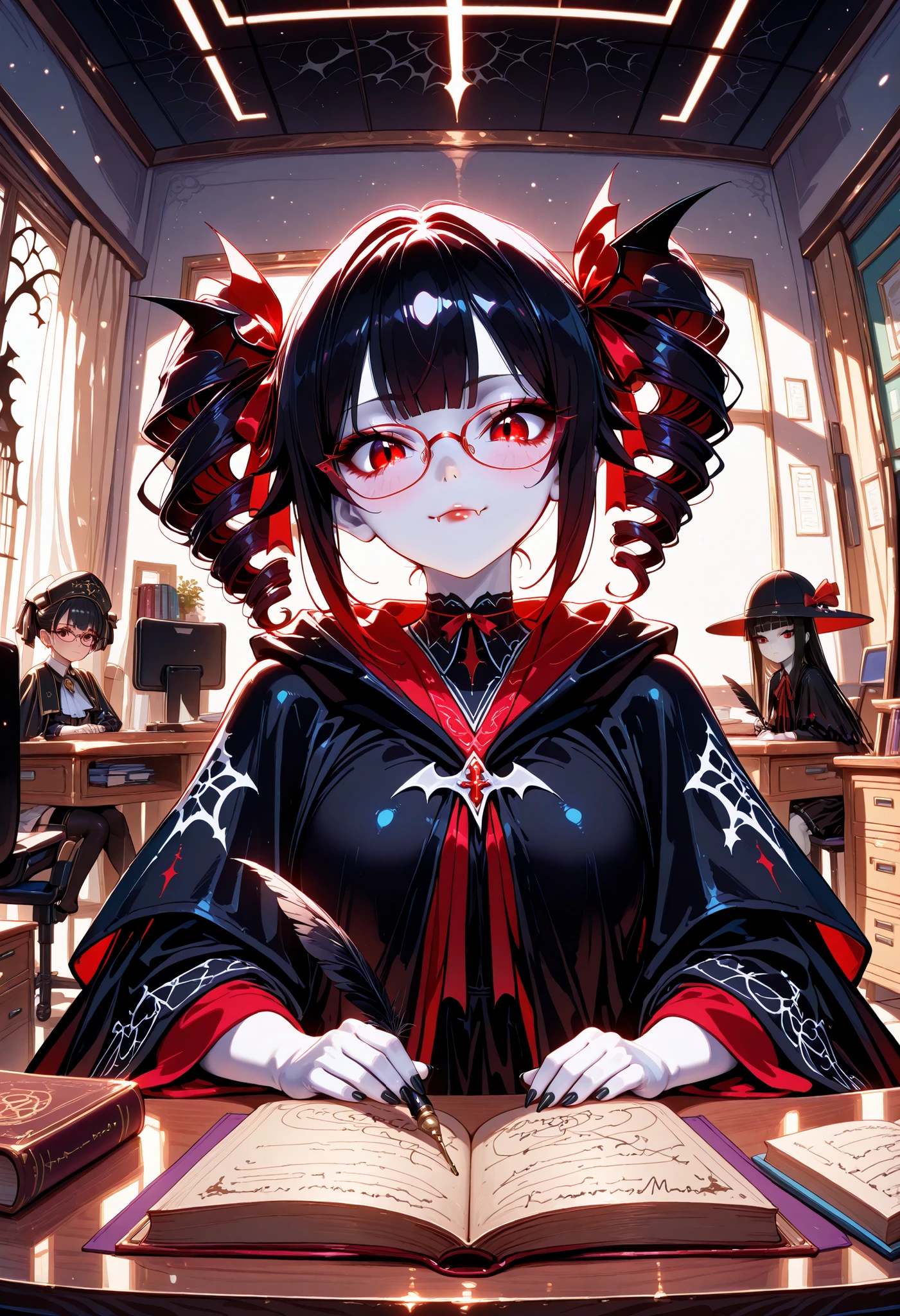 Very High resolution,cute anime-style,masterpiece,best quality,amazing quality,hyper-detailed,very aestheticAn absurd space,A distorted corridor,A simple working desk,A female vampire working at the reception desk,She's writing in a thick book with a quill,A black quill,Black hair,Twin drills,Hime cut,Glasses,(white skin:1.3),Crimson eyes,Emotionless face,(Vampire fangs protruding from between her lips:1.3),Dark red lipstick,(Closed mouth:1.3),A Greek-style robe made of black cloth,Black crow feathers growing from her back,Black nail polish