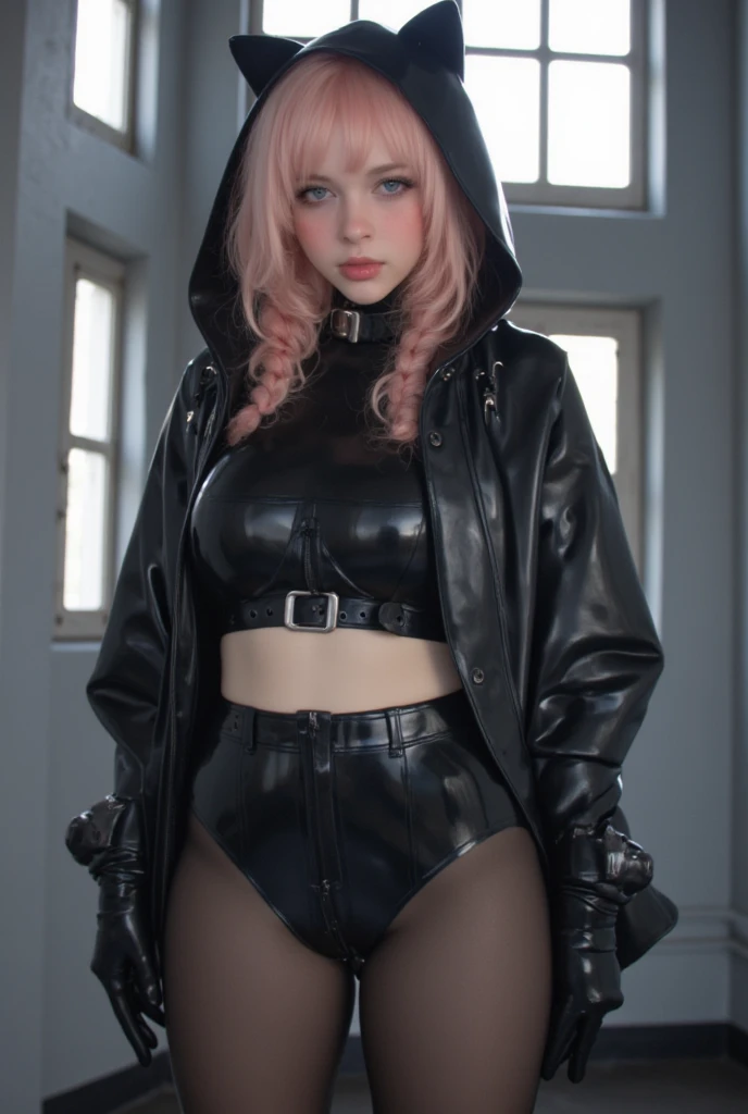 Girl with pink hair, Bob cut, perfect body, wonderful, perfect breasts, marked people, pink eyes with irises in the shape of a cross, nsfw horny, black latex hooded sweatshirt black latex skirt rolled eyebrows, ultra quality, sneakers black sports shoes, full body, with a subdued surrounding lighting that is a masterpiece. She is a girl whose body is significantly detailed, and whose entire body resembles a Vtuber girl, head on stand pose,better_hands, Beauty lips ,hands on the hips,hands
