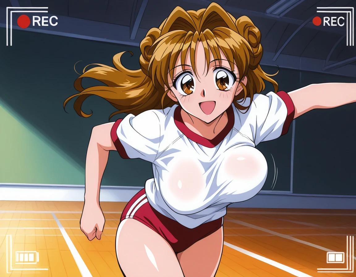 score_9, score_8_up, source_anime Bibl3, sports girl, tomboy, tanned skin, brown hair, short hair, huge breasts, wide hips, viewed from front, smiling, sweaty, open mouth, woman waving, expressive eyes, school gym uniform, shorts, athletic girl, full lips, vivid lips, detailed eyes, detailed face, pretty girl, sports field in background, morning