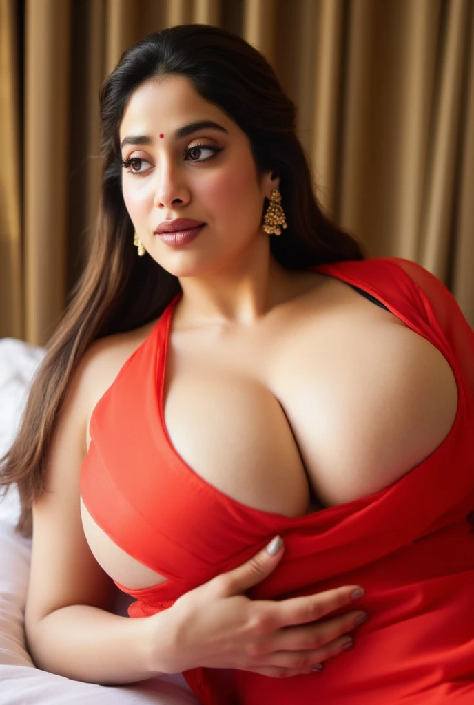Indian busty gorgeously prettiest lady(face looking like Indian lady(beautiful face, beautiful nose, beautiful eyes, beautiful lips, beautiful navel,very large gigantic breasts,)) wearing saree. She is wearing Indian designer saree blouse, her huge large gigantic beautiful breasts Coming out of her blouse but she is very shy. She is giving intimate look. Her she is showcasing her deep huge cleavage of huge saggy breasts lying on bed sleeping. Real skin texture. Real clothes, She is real Indian housewife, Full body photo, full picture. Her facial details are exceptionally perfect realistic. She is smiling softly. Her lips are perfectly crafted. Very shy sexy mother lying on side on bed. Shebhas voluptuous breasts. Mother is getting aroused by sexual intimacy. She is giving sexy pose. Her natural large breasts are so beautiful.