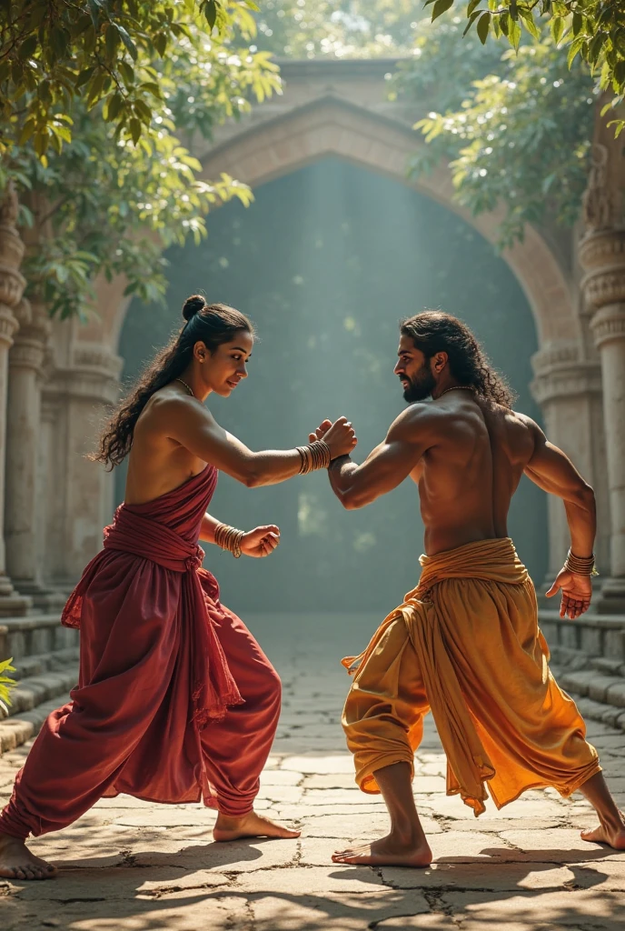 A girl in saree punching a boys face