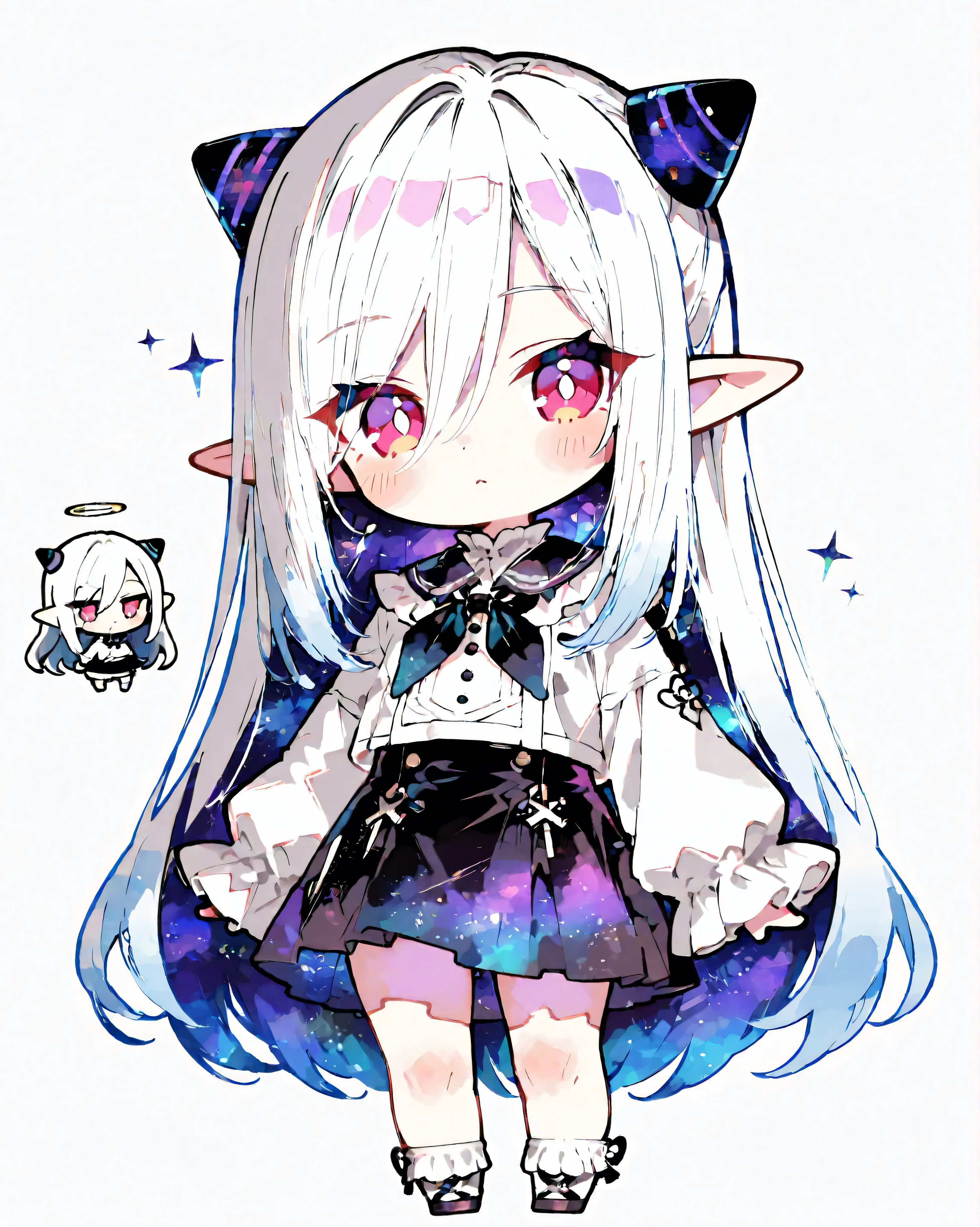 masterpiece, best quality, super-deformed (SD), mini character style, chibi chibi, style of Kei Mochizuki, style of Kei Mochizuki /k.s†, The character's proportions should follow the chibi style with a large head, small body, and exaggerated features, but all details must be clearly visible and not cut off. The character should be centered in the image, occupying about 70% of the frame, with enough space around for a balanced composition. The background should be plain, bright white, simple, and clean to emphasize the character. Ensure the illustration has a soft, vibrant color palette, with smooth shading and a cute, whimsical vibe