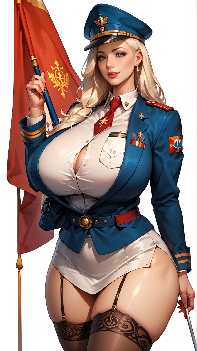 ((Beautiful nipples、Constriction)),8K,masterpiece, bset quality,Colossal tits、Constriction(1girl in)a blond、Blue Eye、Nanay Miguel、shinny skin:1.2、Shiny big、 ((top-quality))、 Crisp focus:1.2、Highly detailed facial and skin texture、A detailed eye、face perfect、perfect bodies、art by、nffsw、Blur the background、Big breasts with a strong presence、cleavage of the breast、20yr old,Mature cool and beautiful face、 ((((Red military uniform))、Black tie))、bustshot