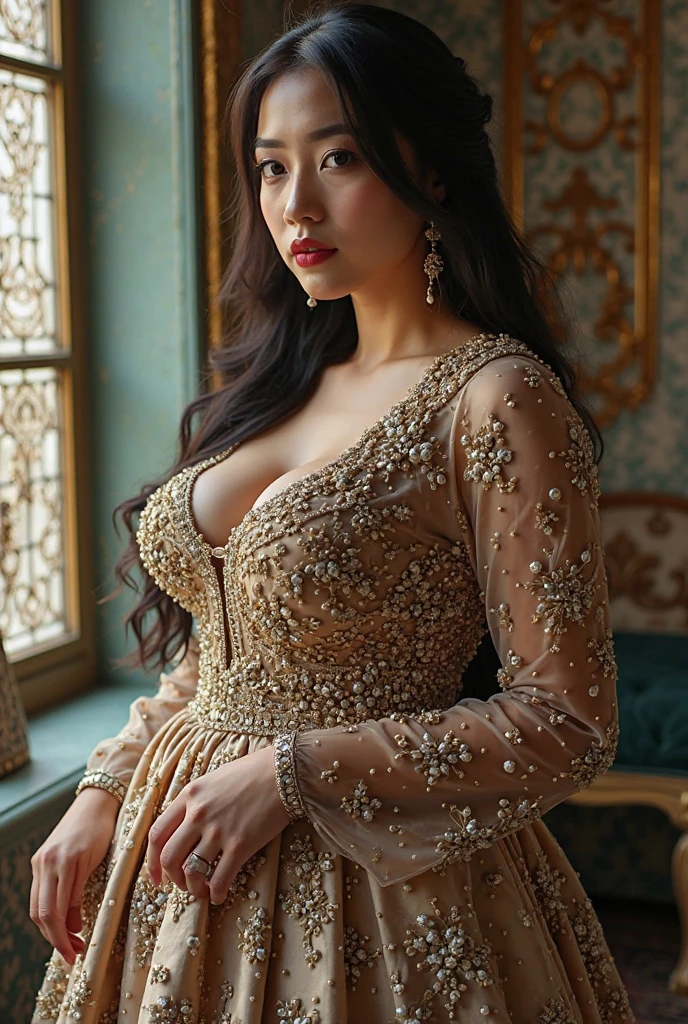 a wide bbw woman, hyper-realistic, high quality, volumetric lighting, highly detailed, award winning photographer, dramatic lighting, beautiful detailed face, beautiful detailed eyes, beautiful detailed lips, flawless skin, luxurious dress, graceful pose, serene expression, lush garden background, vibrant colors, cinematic composition, masterpiece