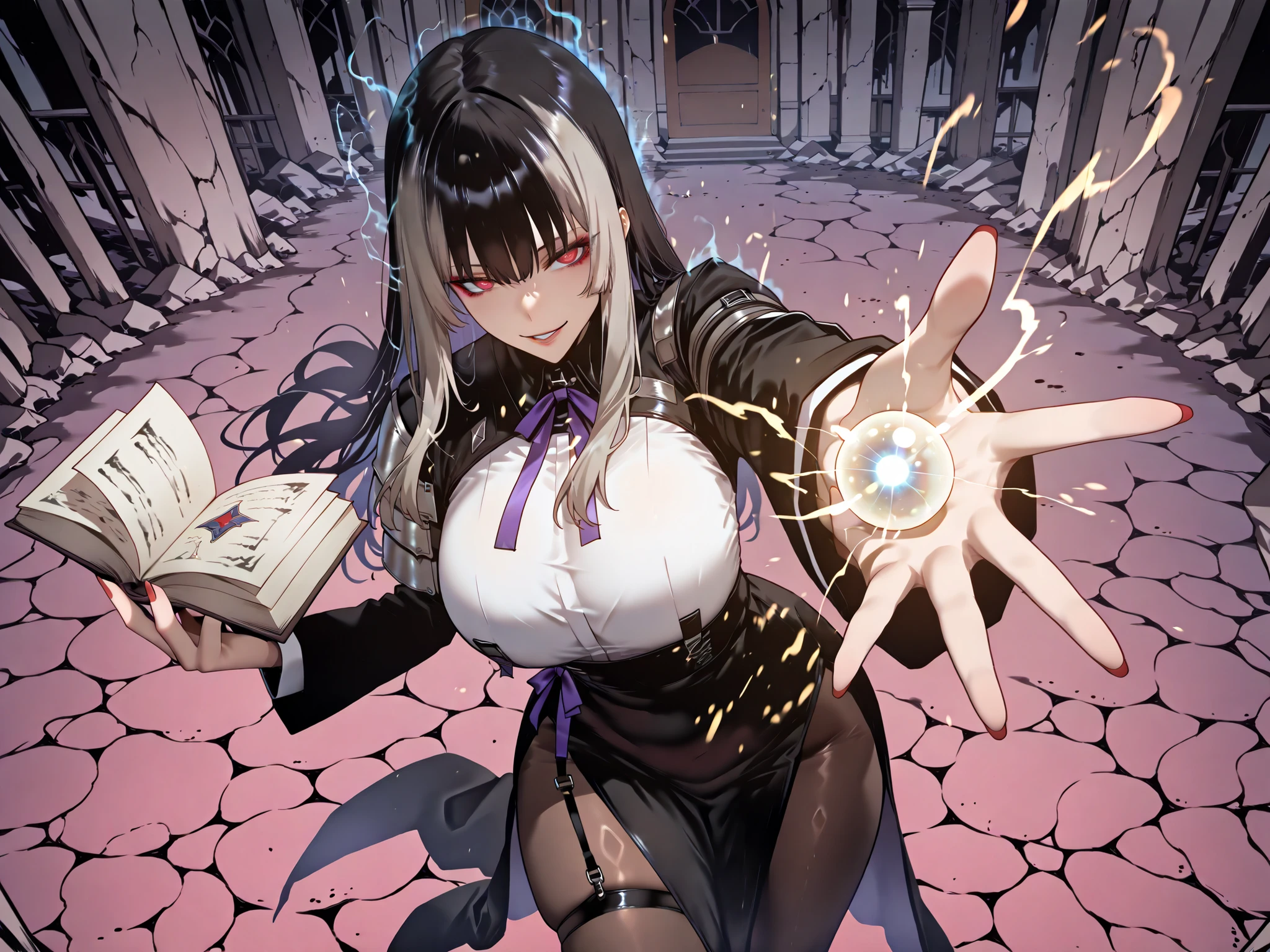 taken from above、Ball of Light、雷magic、caveの中、Ruins、black suit、black longsuit、 black long jacket、ゴスロリなshirt、Depressed、Tall Woman、A woman in her thirties、 Alassah's woman、Steins;Gate、 black longsuit 、score_9, score_8_up, score_7_up, Source_anime,masterpiece、No expression、no makeup、top quality,Beautifully Detailed Eyes, Exquisite Eyes、A sophisticated eye、highly detailed eyes and faces,unmotivated expression、lethargic face、 long breasts, Black Jacketを羽織る、Black Jacket、shirt, big saggy breasts, shockingly big breasts, big breasts,big boobs、boobs 、Zitoida, makeup、no makeup、long hair、smooth straight hair、tall woman、Tall Woman、plump thighs, parted lips、 shining eyes,(Fire Aura Onkown),dungeon内、Crimson Eyes、long hair、dark haired、黒い髪、long straight hair、dungeon、cave、Ruins、solo、soloプレイヤー、Wide ass、beautiful butt、stick your butt into the focus of your butt、long boots、Shoulder Armor、Fearless Laugh、strong、Is confident、Black Tight Skirt、Black Garter Belt、black tights、long tight skirt、Dynamic、Satu、fight、Satu狂、俺だけレベルupな件、arrogant、 Confidence々The smile 、bewitching smile、Sadist、Satu中、hunting、hunting、intimidating、magic使い、magic、Spell Book、magic、Spell Book、magicの本、Floating Book、floating book、Pearl of Light、Light Ball、 Floating Books、Flying Book、左手にmagicの玉、plasma、plasma球、Glowing sphere、Flying Book