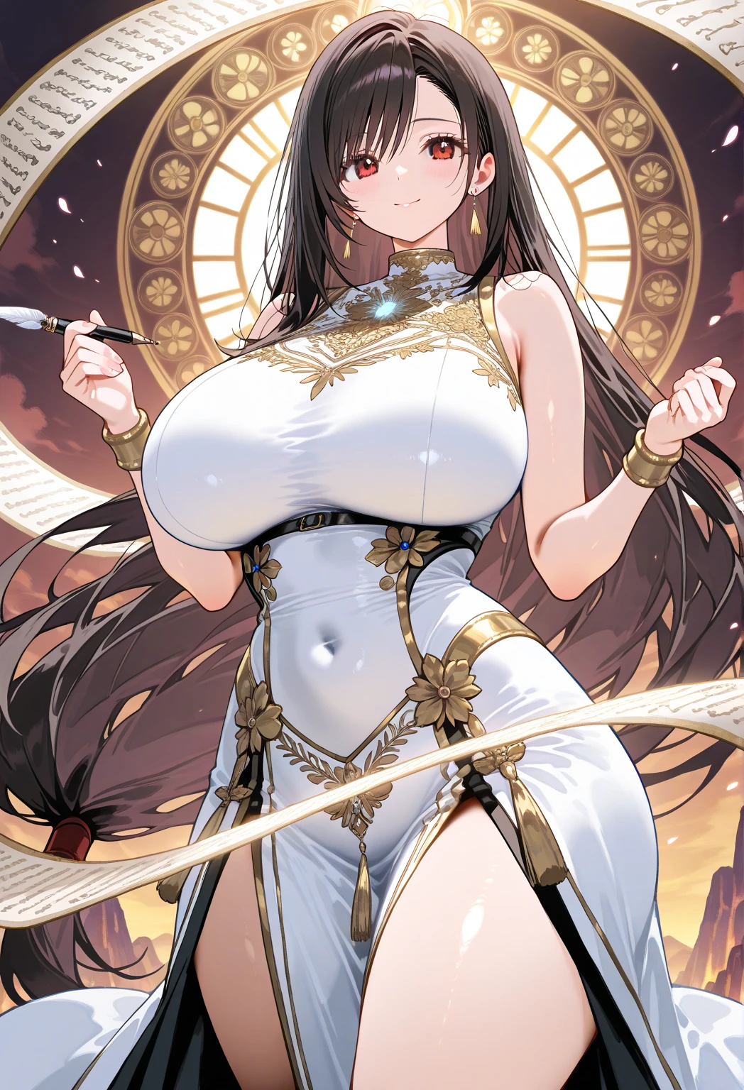 In the realm of divinity, a goddess of enchanting beauty stands alone, her raven-black hair cascading down her back like a waterfall of obsidian silk, framing her regal countenance. Her eyes, as dark as the night sky, gleam with an ethereal allure, reflecting the celestial light that surrounds her. Her physique is an awe-inspiring display of feminine power, with gigantic breasts that gracefully spill over her ornate, golden bra, and a small waist that accentuates her hourglass figure. Thigh-high stockings, adorned with intricate designs, cover her toned legs, adding
