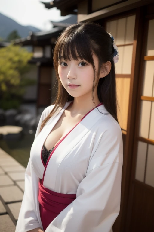score_9,score_8_up,score_7_up,(pastel-color),(high brightness colors),Cute 20-year-old Japanese 1 girl,solo,(8k, masterpiece, ultra-detailed, best quality, ultra high res, newest, very aesthetic, absurdres, illustration, perfect composition),(hires),looking at viewer,black hair,shiny skin,fair skin,(upper body:1.5),toothless smilev,emphasizing her curvy body and large breasts,(shrine Kimono:1.5),(sexy pose:1.5)