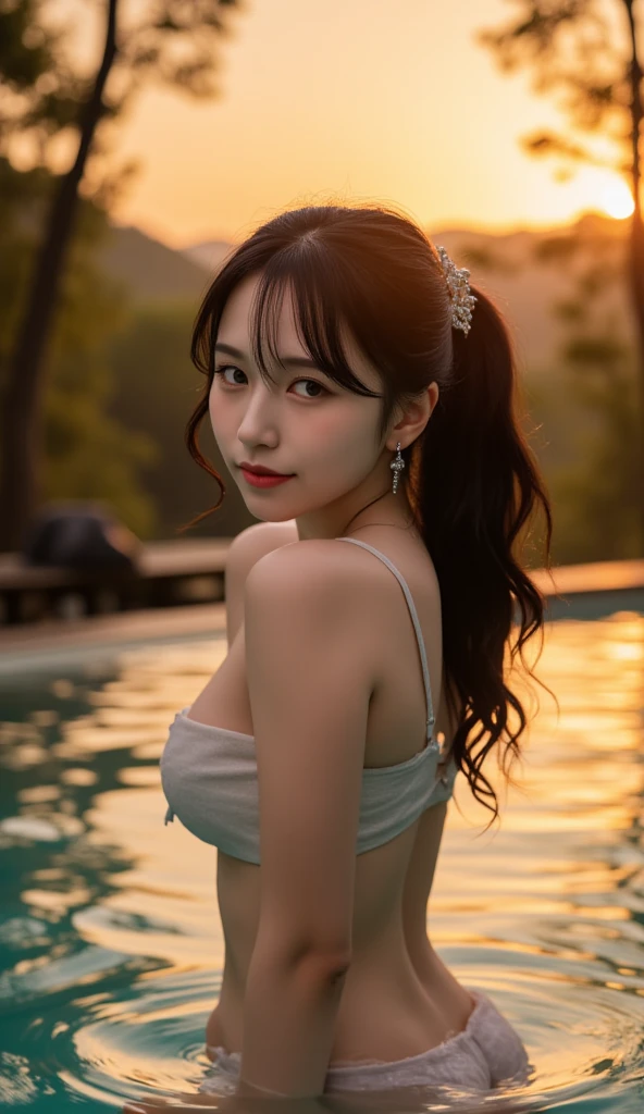 Tabletop, (highest quality), 23 years old,Very detailed, finely, (High resolution), (8k), ((Perfect rear view composition)), Natural color lip,(ponytail:1.3),((A girl sits with her legs spread apart on a rock)),(sitting barefoot on the sand:1.3),((Rainbow Color Sexy Bikini)),((Sexy Bikini)),((whole body:1.3),,((shrapnel:1.3)),((Perfect rear view:1.3)),((The magnificent Milky Way floating in the night sky)),((Pose with your arms raised above your head)),(Please look back and smile),((Thigh F-band)),((Big Ass)),((Ample breasts)),(Ample breasts)