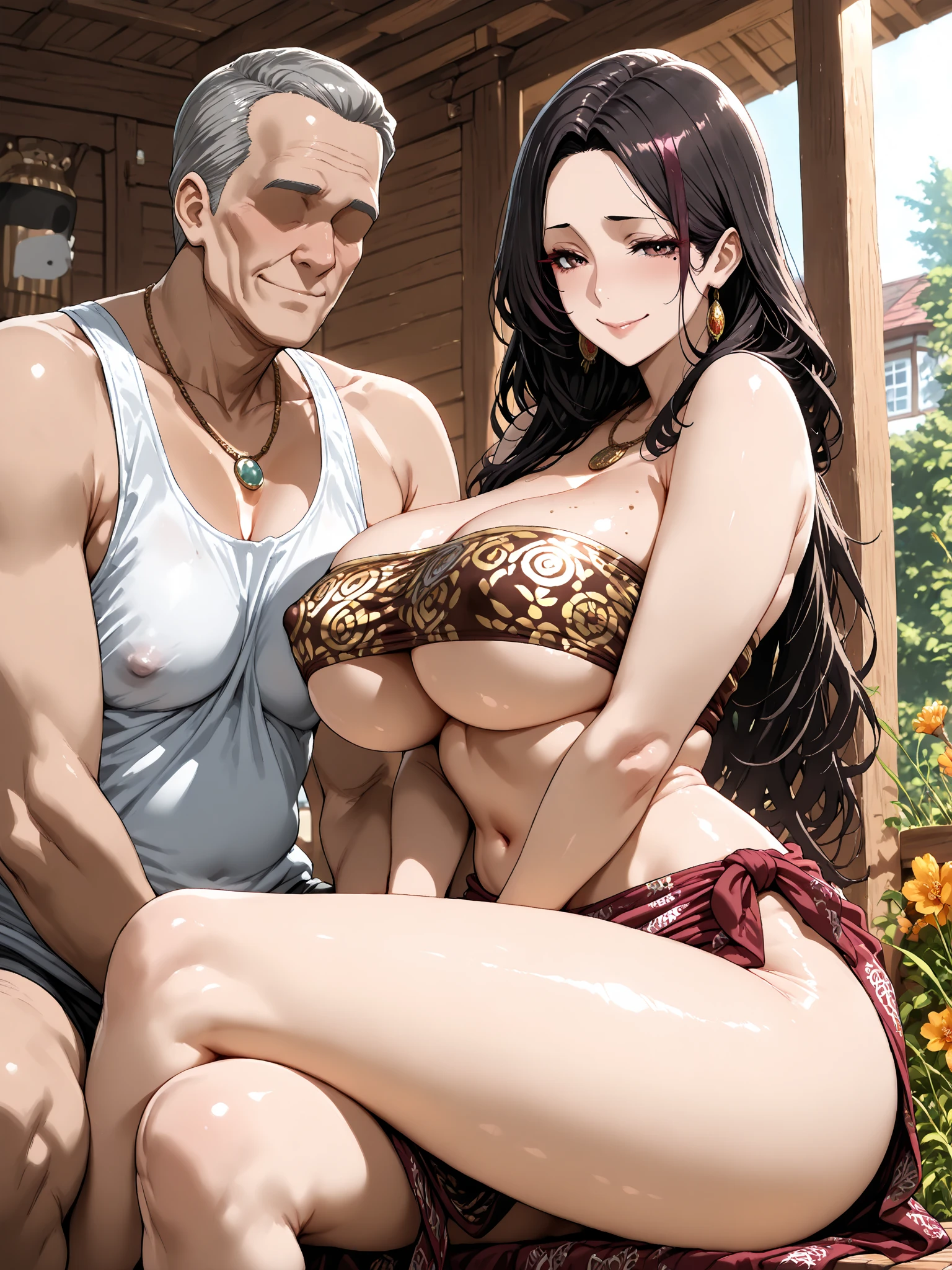(masterpiece), (best quality), (night), (onsen:1.4), (bathing), (partially submerged), (topless), (bottomless), (nude:1.2), (smile), (solo focus),
(standing), (thigh sex:1.4), (grabbing own breast), (sex from behind), (front view),
(1girl), (1girl:milf:1.4), (1girl:black hair), (1girl:long hair), (1girl:huge breasts), (1girl:nude), (1girl:nipples), (1girl:pubic hair), (1girl:pussy:1.2), (1girl:midriff), (1girl:navel), (1girl:looking at viewer), 
(man), (man:fat man:1.4), (man:ugly man:1.4), (man:old man:1.4), (man:tall:1.1), (man:bald head), (man:huge penis), (man:age difference)