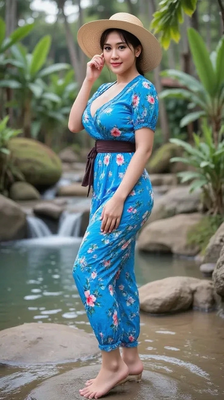(Best quality, high resolution, masterpiece: 1.3), a beautiful korean woman in hijab, plump body, big breasts, sitting on stairs, 30 years old, exposed suit, wearing tight satin swim shirt, hands leaning to back, offering her chest to viewers, vomiting mouth, Wearing Headphones, jungle background, close up