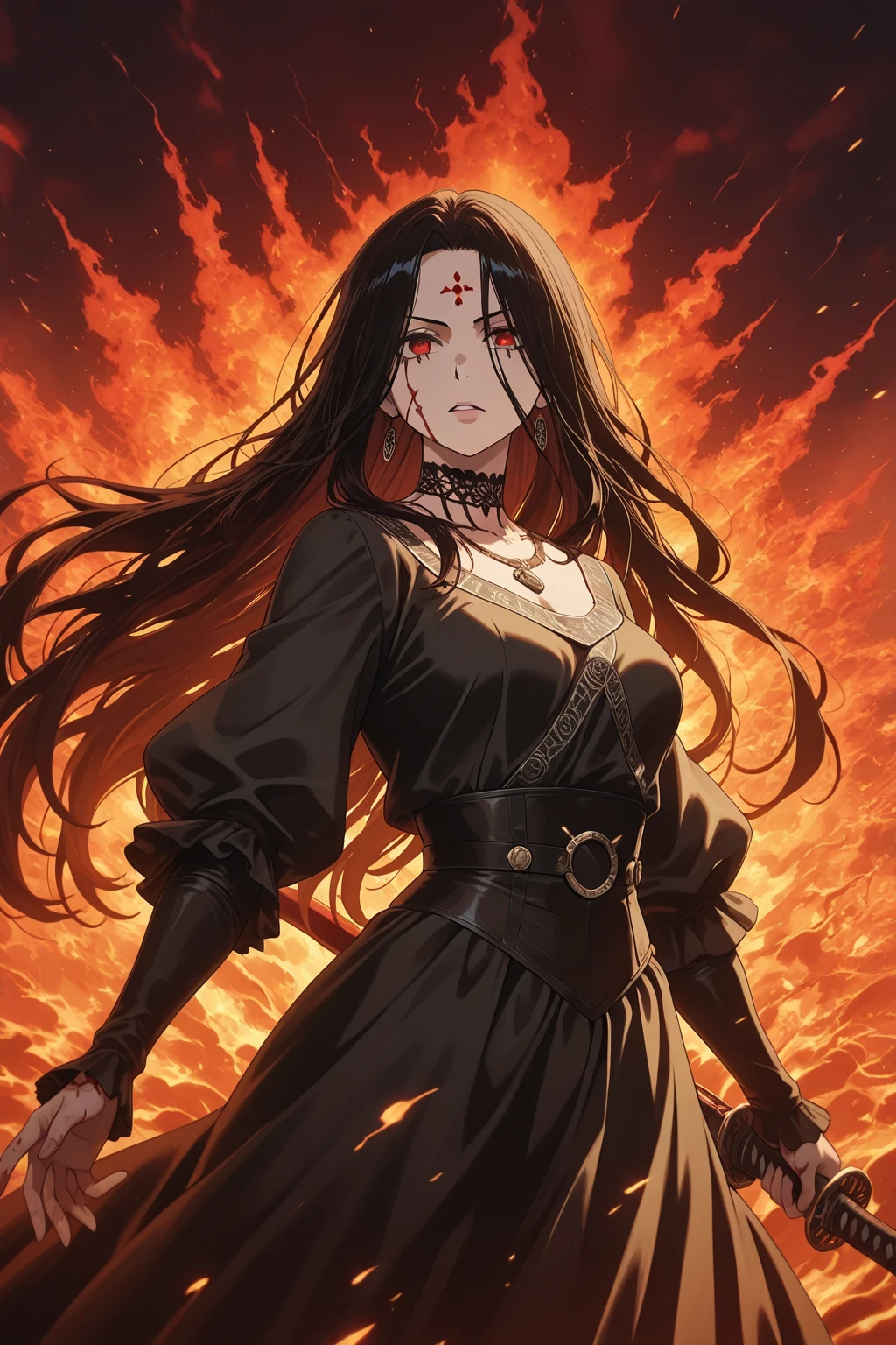 (ultra-detailed, perfect pixel, highrest, best quality), 20 years old Anime girl, smooth anime artstyle, long raven hair, slightly wavy hair, parted bangs, black hair, gradient hair color, Magus, ((red eyes)), detailed eyes, beautiful eyes, long black coat, white shirt, ((neckwear, long tie)), black skirt, aristocrat, noble attire, beautiful, ethereal, elegant, prestigious, indoor, particle effect, smooth smoke effect, fire flame, lightning, magic light, standing, looking at viewer