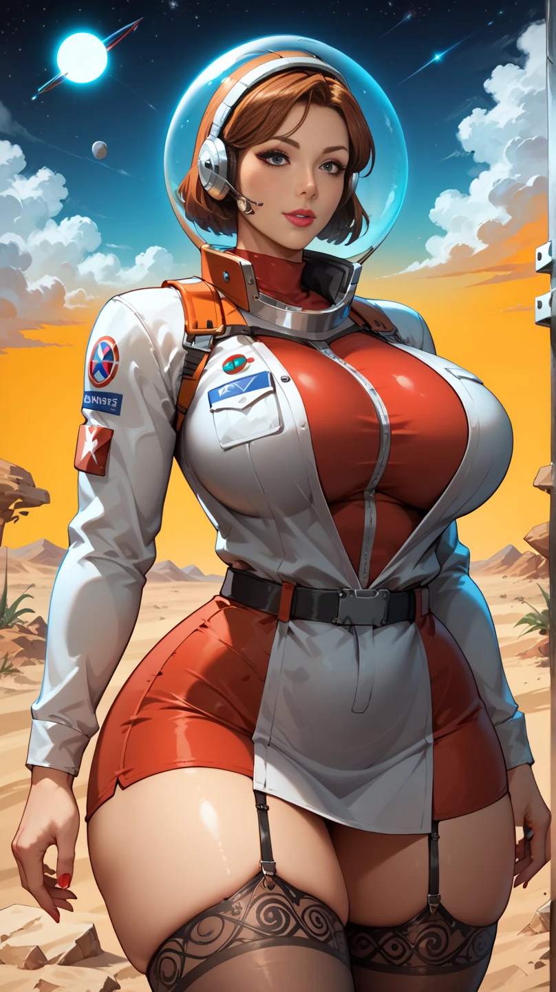 pretty woman,Sunny Leone, large breasts, rubenesque, space suit, white background, blank background, pinup