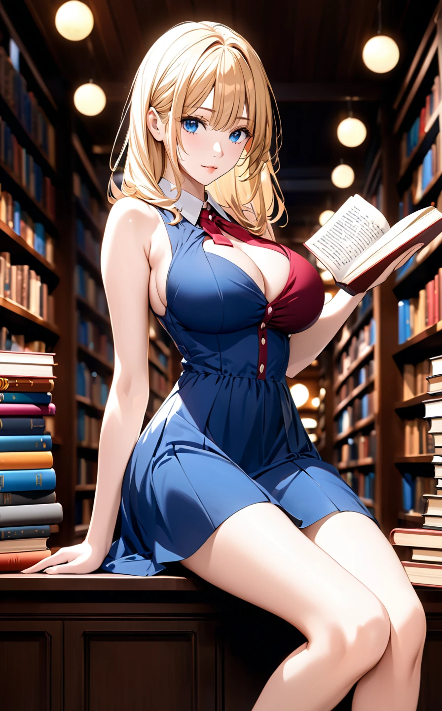(masterpiece:1.2, Highest quality), (Realistic photos), Beautiful illustrations, (Natural side lighting, Cinema lighting),High detail、1 girl, Japanese、20-year-old female, Perfect Face, Symmetrical cute face, Glowing Skin, (short hair、Blonde), Dark blue eyes, (Huge breasts:1.3), Cleavage、Slender build, Flowing bangs、Beautiful Hair, Beautiful Face, Fine and beautiful eyes, Beautiful body, Beautiful breasts, (Pink off-shoulder dress、Light blue jacket、Short skirt),smile、Blushing、stand、library、Bookshelf
