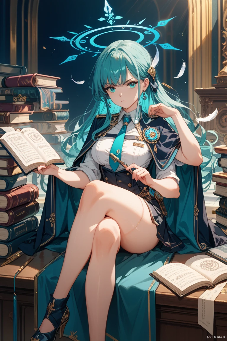 Girl. A world of swords and sorcery. Sitting in a chair, reading. White underwear. The bangs are cut in a straight line to the side. Miniskirt. Opening the crotch. Knee-high socks. Big tits.