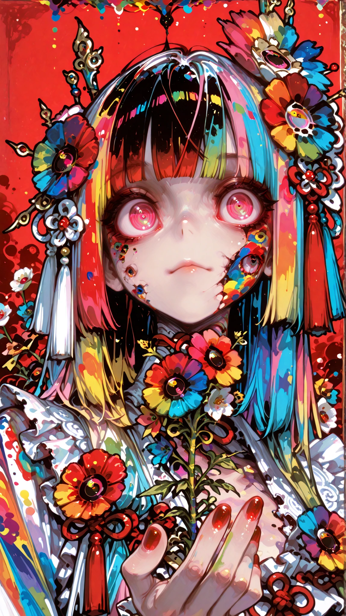 Woman, solo, red nails, stares at the viewer, Bang, pink eyes, long hair, hair ornament, hand up, Murakami Takashi's Flower, blunt Bang, closed mouth, Tassel, ribbon, Portrait, colorful, red background, frills, multi colored hair, upper body,((colorful)),((horror))