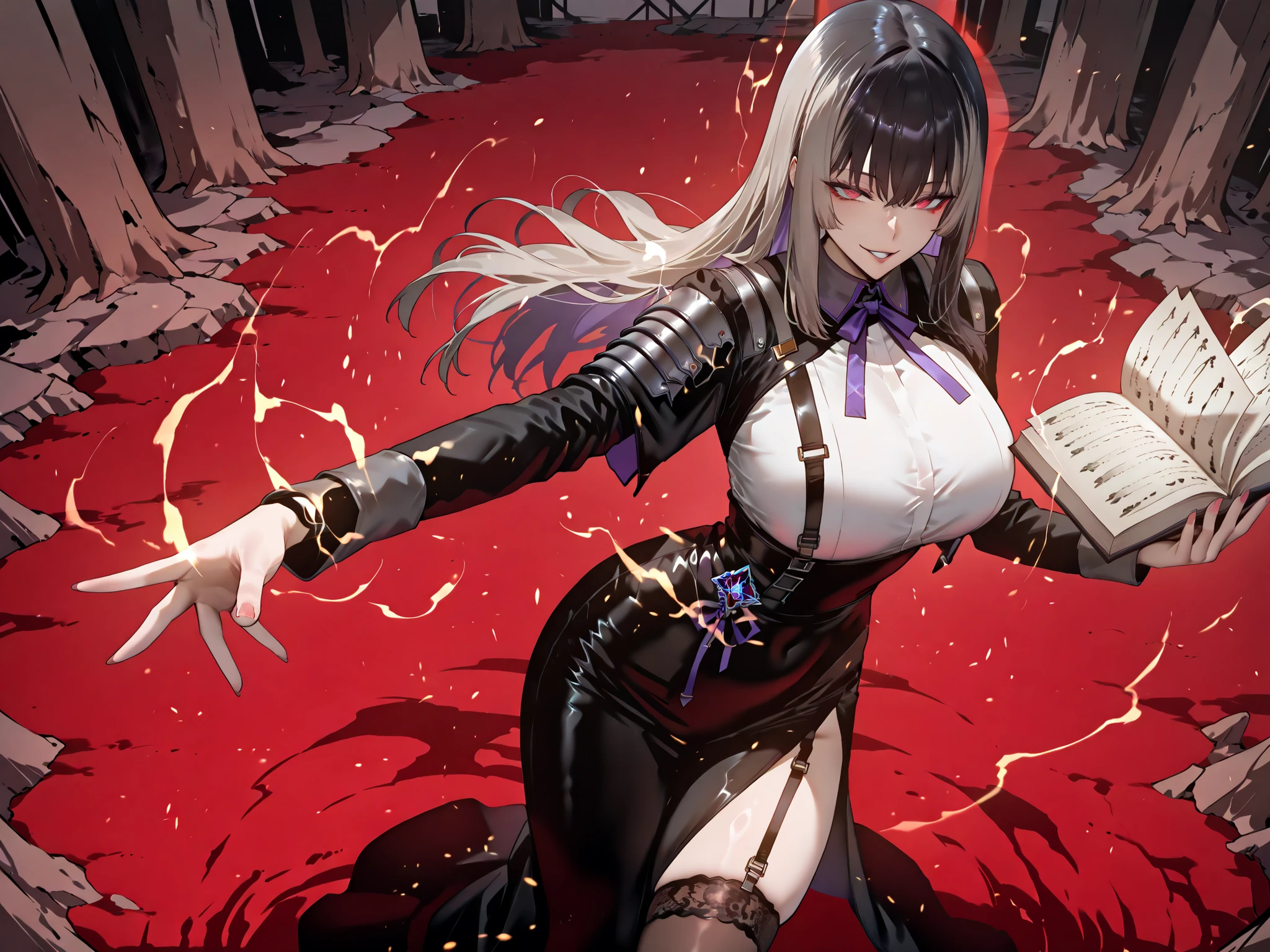 taken from above、Ball of Light、雷magic、caveの中、Ruins、black suit、black longsuit、 black long jacket、ゴスロリなshirt、Depressed、Tall Woman、A woman in her thirties、 Alassah's woman、Steins;Gate、 black longsuit 、score_9, score_8_up, score_7_up, Source_anime,masterpiece、No expression、no makeup、top quality,Beautifully Detailed Eyes, Exquisite Eyes、A sophisticated eye、highly detailed eyes and faces,unmotivated expression、lethargic face、 long breasts, Black Jacketを羽織る、Black Jacket、shirt, big saggy breasts, shockingly big breasts, big breasts,big boobs、boobs 、Zitoida, makeup、no makeup、long hair、smooth straight hair、tall woman、Tall Woman、plump thighs, parted lips、 shining eyes,(Fire Aura Onkown),dungeon内、Crimson Eyes、long hair、dark haired、黒い髪、long straight hair、dungeon、cave、Ruins、solo、soloプレイヤー、Wide ass、beautiful butt、stick your butt into the focus of your butt、long boots、Shoulder Armor、Fearless Laugh、strong、Is confident、Black Tight Skirt、Black Garter Belt、black tights、long tight skirt、Dynamic、Satu、fight、Satu狂、俺だけレベルupな件、arrogant、 Confidence々The smile 、bewitching smile、Sadist、Satu中、hunting、hunting、intimidating、magic使い、magic、Spell Book、magic、Spell Book、magicの本、Floating Book、floating book、Pearl of Light、Light Ball、 Floating Books、Flying Book、左手にmagicの玉、plasma、plasma球、Glowing sphere、Flying Book