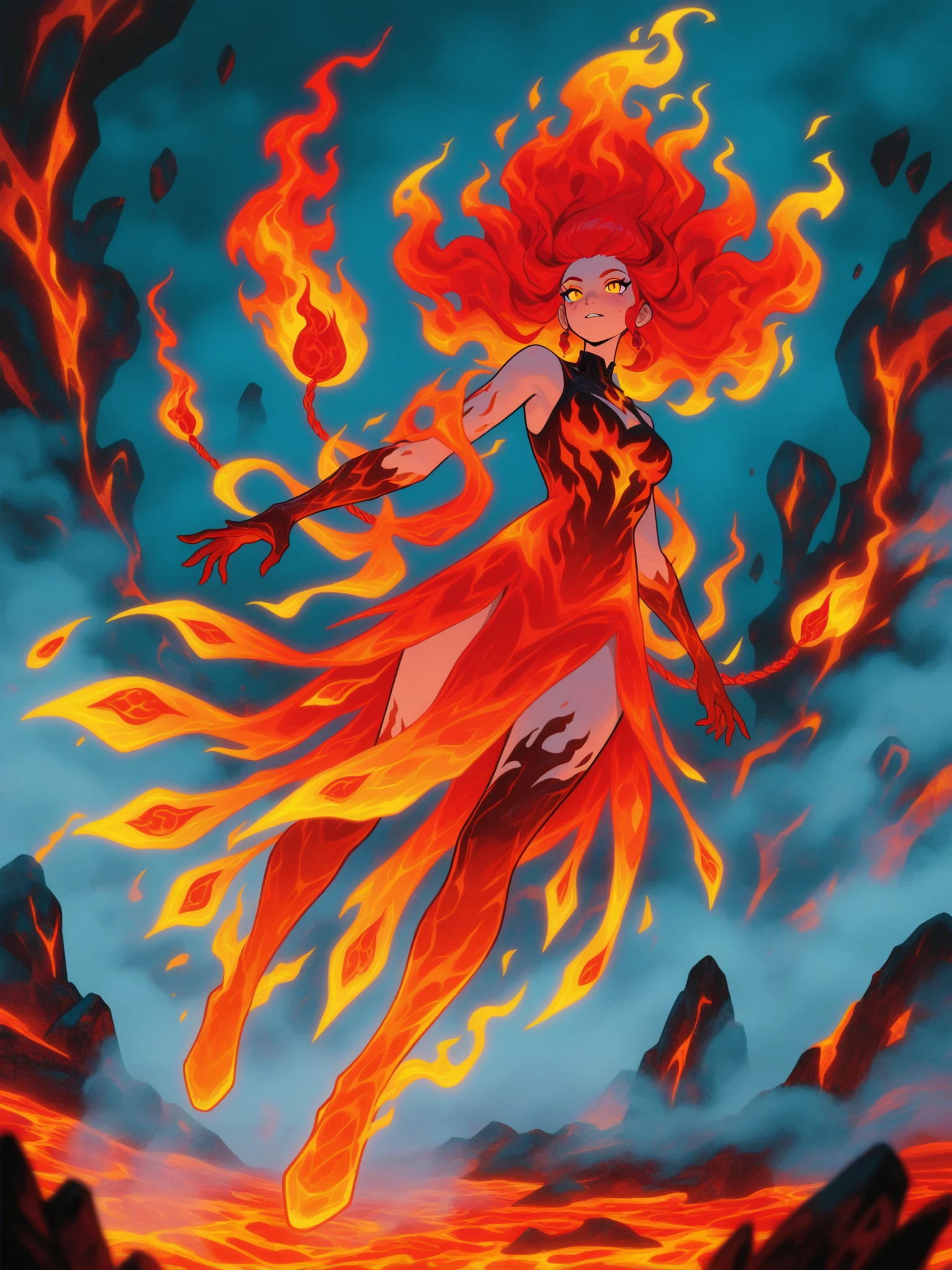 Anime girl spirit of fire, dark skin, orange eyes, pointed ears, flames around the body, beautiful flowers, on the background of a volcanic cave, rich colors, beautiful shader, backlight, normal legs, two legs, front view, smiles