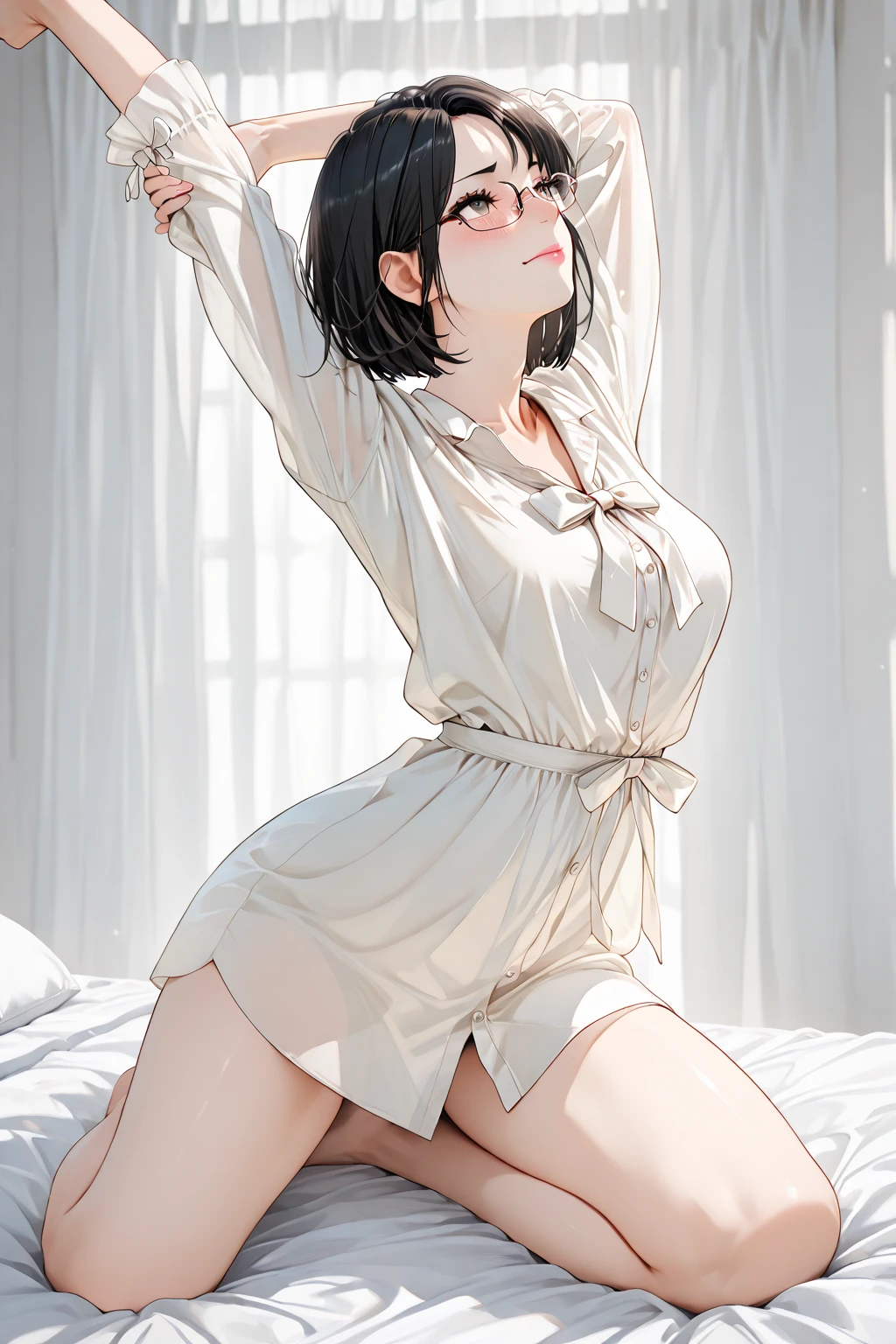 1girl, pillow humping, crotch rub,
from side, dress,, masterpiece, best quality, highly detailed, See-through white shirt 