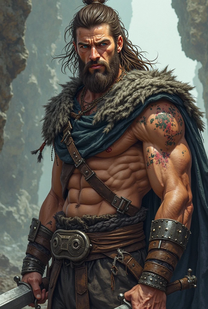 realistic image of young and handsome viking warrior, Square face, greeneyes, well defined eyebrows, with a scar above his right eye, dark brown hair, loose, shoulder length, without a hat, Caucasian skin, medium beard with braid at the ends, with a strong and defined body with some scars spread across his arms and abdomen, viking warrior outfit dress, holding a sword in one hand and an axe in the other