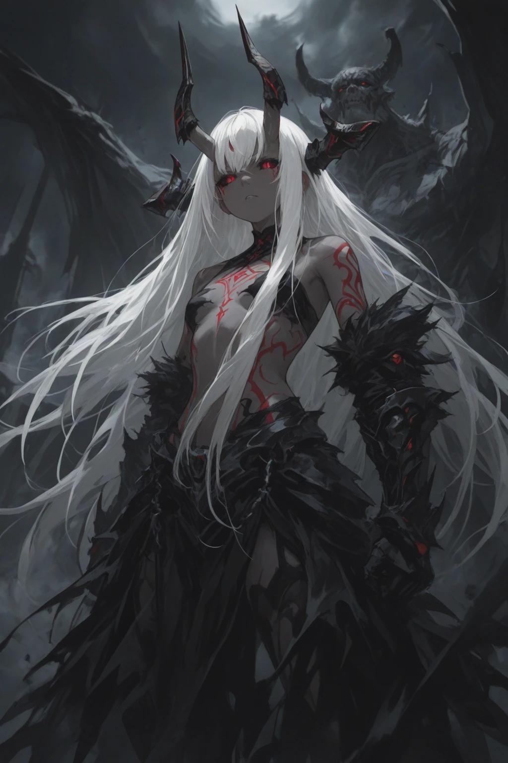 (score_9, score_8_up, score_7_up, score_6_up, score_5_up, score_4_up, source_anime, solo) Nemesis: A wavering mist takes form, elongating into dark tendrils. Her hair flows like an inky black mist, her eyes a swirling bright magenta. Her form is that of a beautiful woman, she has large breasts and an incredible ass. tiefling with black skin