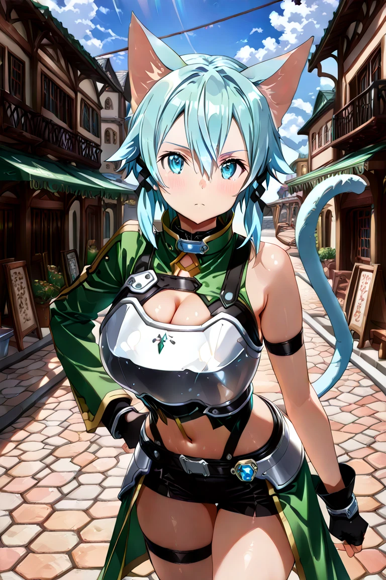 NSFW,masterpiece,Highest quality,High resolution,Super detailed,Sinon\(Sword Art Online\),armor,breastplate,Hand guard,leotard,skirt,gem, hair ornaments, Hair Clip,Embarrassed,Watery eye,smile,blush,Fantasy,inn,indoor