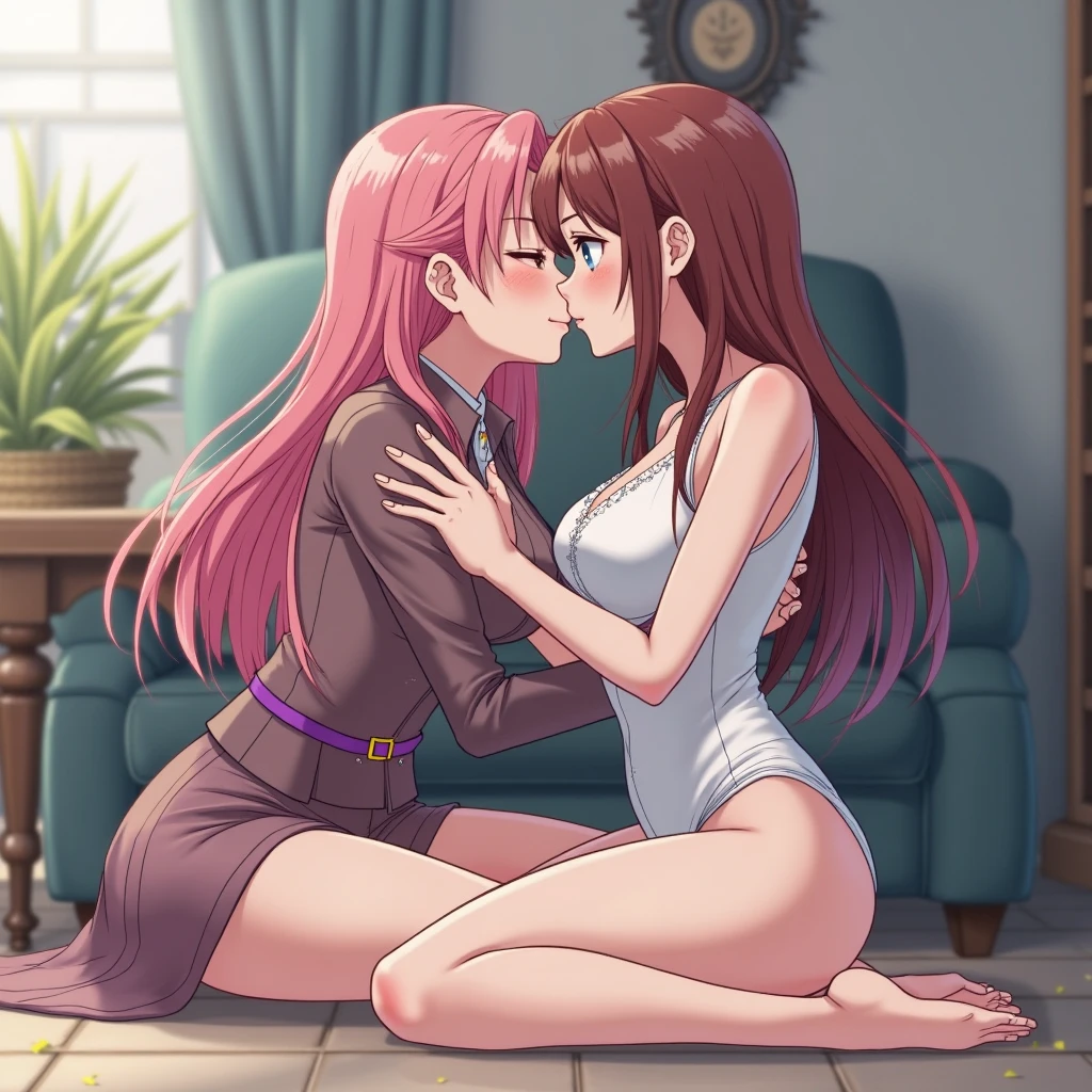 (((2 girl))), (average breasts))), (((2 naked girl))), (long pink hair), (((blue eyes))), thin arms, (in a motel room full of desire for sex ), (thin waist), muscular legs, muscular ass, bare feet, (((A girl with black hair sitting on the chair on Milim Nava's lap, naked and crazy about sex))), (photo full body), (Double Tails), Long Eyes, eye flare, moodiness, anime, anime style, ray tracing, shine, drop shadow, panorama, Sony FE, 8k, UDisk, master piece, accurate, anatomically correct , Super Detail, best quality, ultra high resolution, hard disk, 16k