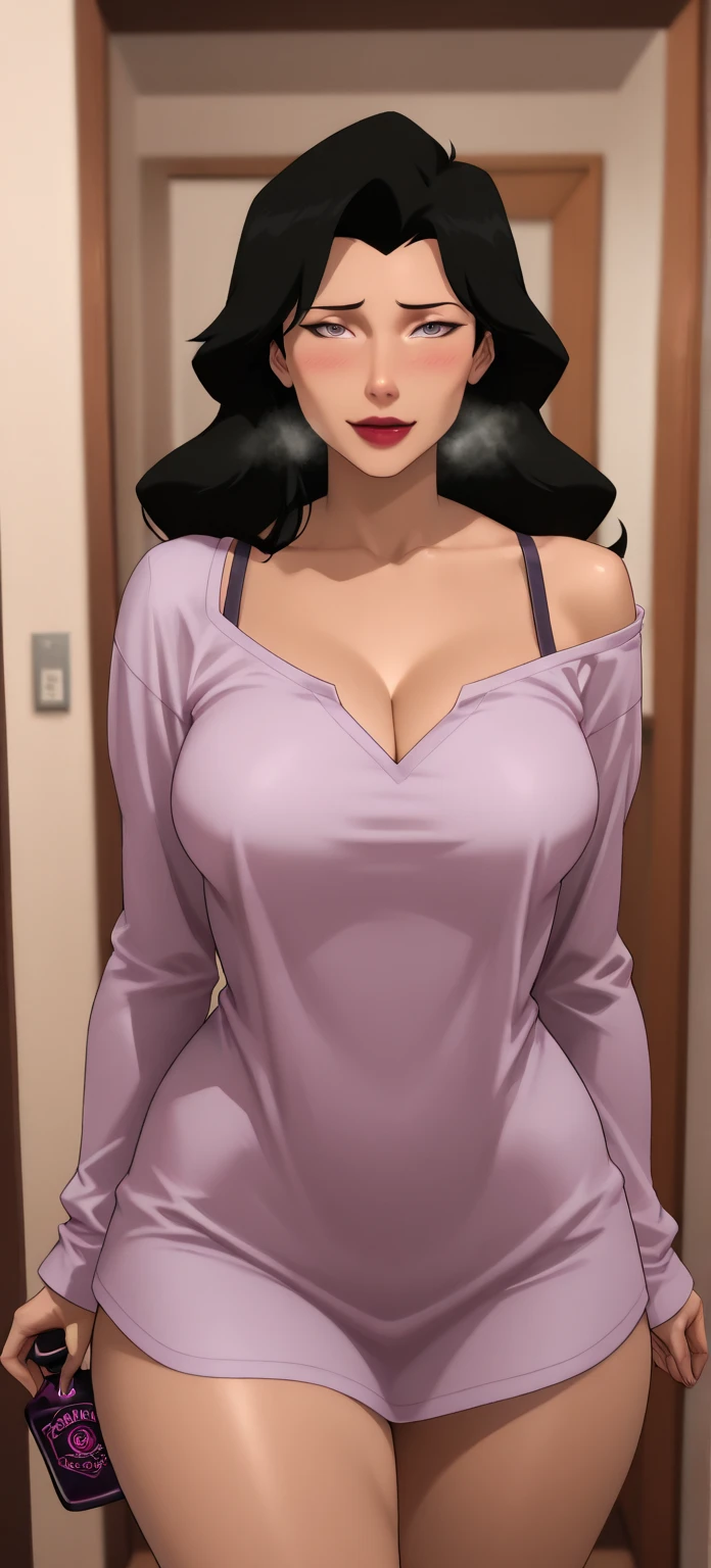 Just one girl,Best quality, 4k, high resolution, body stuck dress, perfect smile, gorgeous, white skin, ahegao face(hentai face) , brown hair, wearing light purple bodystuck outfit, Wearing a pink t-shirt with a long-sleeved plain shirt underneath, topped off by a dull dress that resembles an unappealing tablecloth,wearing loose dark blue pants,1 girl, solo, seductive look, elegance and charm, (masterpiece, best quality, high resolution), looking at the viewer, standing, (intricate and beautiful:1.2), (detailed light:1.2), (soft light, side light), (high resolution textures) , holding leash in hand(chain leash), outdoor, Burmese girl, wearing gorgeous jewelary, wearing harness over the outfit ,outdoor background, sun light, attractive, sexy, mature and hot, young,(masterpiece:1.3), (disorganized:1.3), (highest quality:1.3), perfect anatomy, detailed face, front view, perfect right hands, looking at viewer, (Super detailed:1.3), (best shadow:0.7), (treated hair), fine eyes, beautiful eyes, young aged woman, alone, standing, crystal earrings,closed_mouth, , outdoors,Thick thighs, arrogant face, small