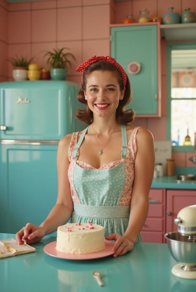 A lovely woman in a sheer summer dress offering the viewer a cake, 50s style living room, old fashioned tv against wall