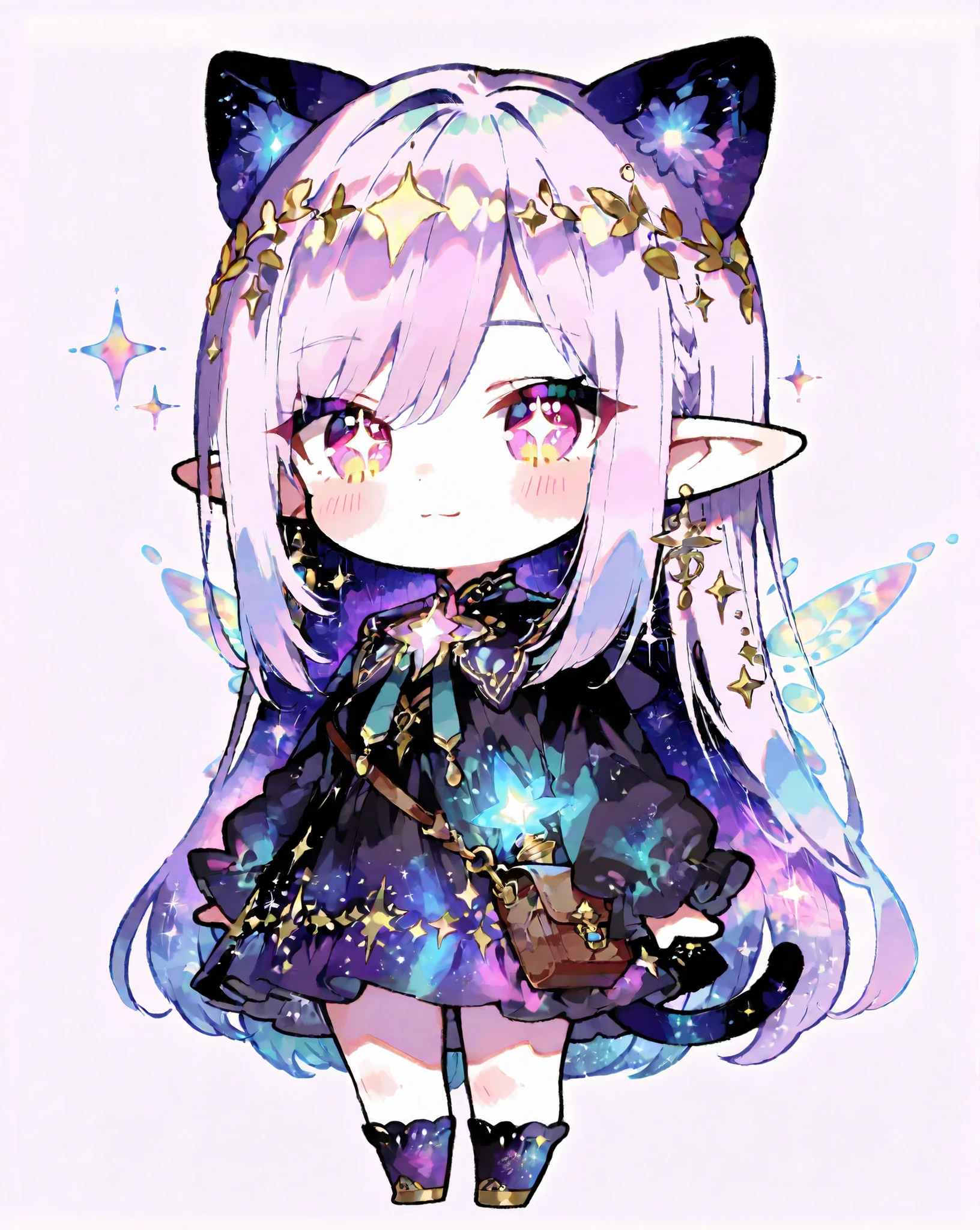 masterpiece, best quality, super-deformed (SD), mini character style, chibi chibi, style of Kei Mochizuki, style of Kei Mochizuki /k.s†,
A delightful chibi fantasy character with oversized, sparkling eyes filled with wonder and mischief. She has short, wavy pastel purple hair adorned with tiny glowing star clips and a delicate crown made of tiny flowers and shimmering leaves. Her outfit is an adorable, flowy dress with a magical, celestial theme — soft lavender fabric decorated with glowing star patterns and gentle sparkles. She has tiny, iridescent fairy wings fluttering behind her, shimmering in pastel rainbow hues. In one hand, she holds a miniature, glowing magic wand topped with a radiant star, and in the other, a small satchel overflowing with glittering fairy dust. Her pose is energetic and playful, as if she’s about to cast a spell or embark on a whimsical adventure. The character's proportions should follow the chibi style with a large head, small body, and exaggerated features, but all details must be clearly visible and not cut off. The character should be centered in the image, occupying about 70% of the frame, with enough space around for a balanced composition. The background should be plain, bright white, simple, and clean to emphasize the character. Ensure the illustration has a soft, vibrant color palette, with smooth shading and a cute, whimsical vibe