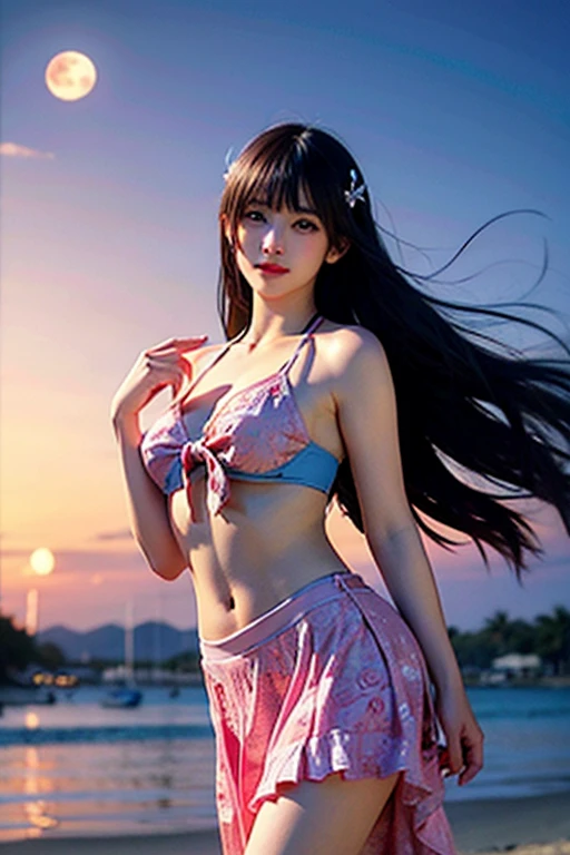 (ulzzang-6500-v1.1:0.67)(raw photo:1.2),((photorealistic:1.4))best quality ,masterpiece, illustration, an extremely delicate and beautiful, extremely detailed ,CG ,unity ,8k wallpaper, Amazing, finely detail, masterpiece,best quality,official art,extremely detailed CG unity 8k wallpaper,absurdres, incredibly absurdres, huge filesize, ultra-detailed, highres, extremely detailed,beautiful detailed girl, extremely detailed eyes and face, beautiful detailed eyes,light on face,cinematic lighting,1girl,looking at viewer, purple hair,rabbit ears, eyewear on head, tied shirt, midriff,(orange skirt),thigh strap,arms behind back,sitting, blue sky,ocean,bench,
