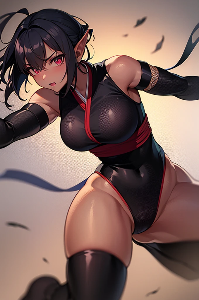 ultra-definition、Crisp face、very massive udder、Colossal tits、very large nipples、((Ninja Suit))、Hide your face with a cloth、Kunoichi、fishnet tights、A dark-haired、Thin contours、Sharp eyes、closes mouth、Frugal background、Pubic hair in the crotch area、Clear facial features、Staring at me、Show the armpits、Tied hair、無表情、睨む、濁った瞳