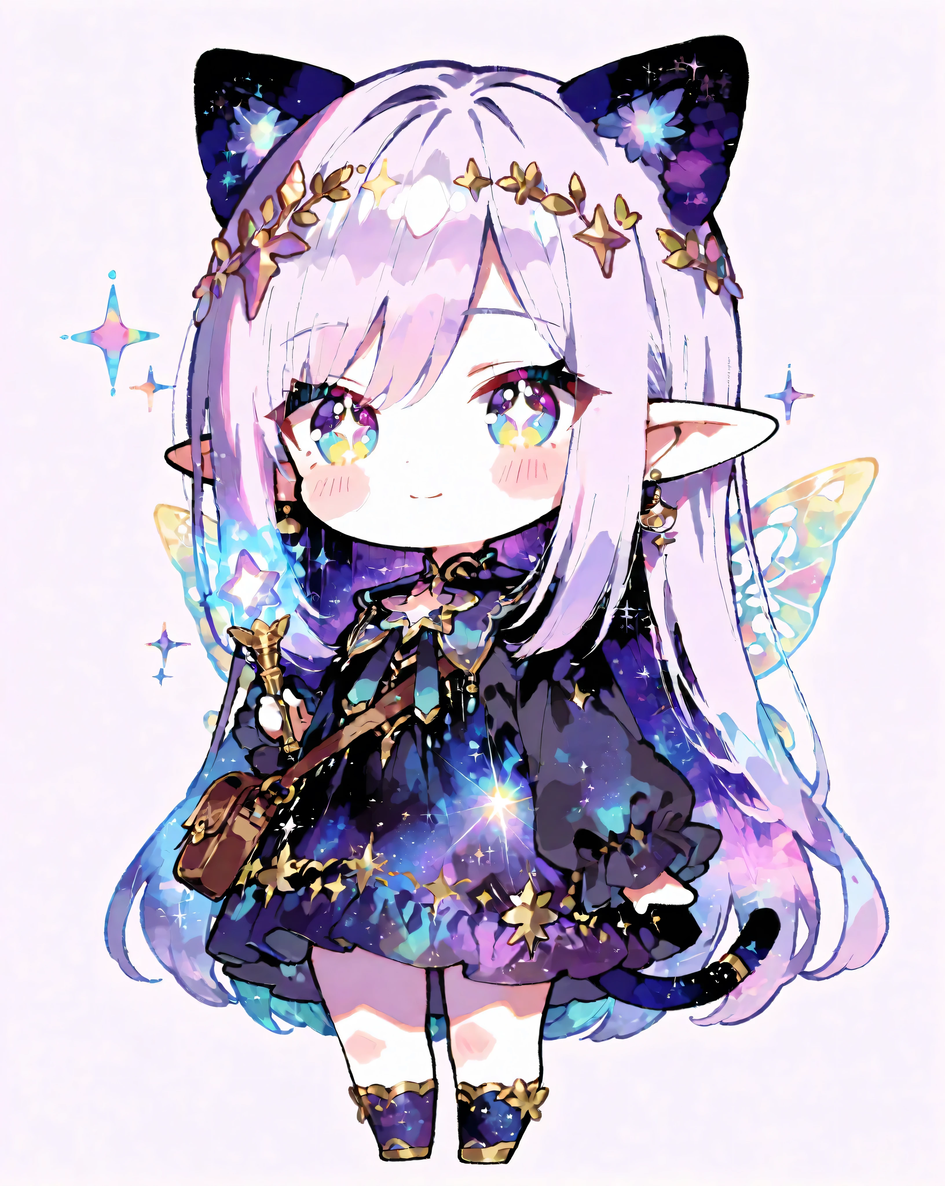 masterpiece, best quality, super-deformed (SD), mini character style, chibi chibi, style of Kei Mochizuki, style of Kei Mochizuki /k.s†,
A delightful chibi fantasy character with oversized, sparkling eyes filled with wonder and mischief. She has short, wavy pastel purple hair adorned with tiny glowing star clips and a delicate crown made of tiny flowers and shimmering leaves. Her outfit is an adorable, flowy dress with a magical, celestial theme — soft lavender fabric decorated with glowing star patterns and gentle sparkles. She has tiny, iridescent fairy wings fluttering behind her, shimmering in pastel rainbow hues. In one hand, she holds a miniature, glowing magic wand topped with a radiant star, and in the other, a small satchel overflowing with glittering fairy dust. Her pose is energetic and playful, as if she’s about to cast a spell or embark on a whimsical adventure. The character's proportions should follow the chibi style with a large head, small body, and exaggerated features, but all details must be clearly visible and not cut off. The character should be centered in the image, occupying about 70% of the frame, with enough space around for a balanced composition. The background should be plain, bright white, simple, and clean to emphasize the character. Ensure the illustration has a soft, vibrant color palette, with smooth shading and a cute, whimsical vibe