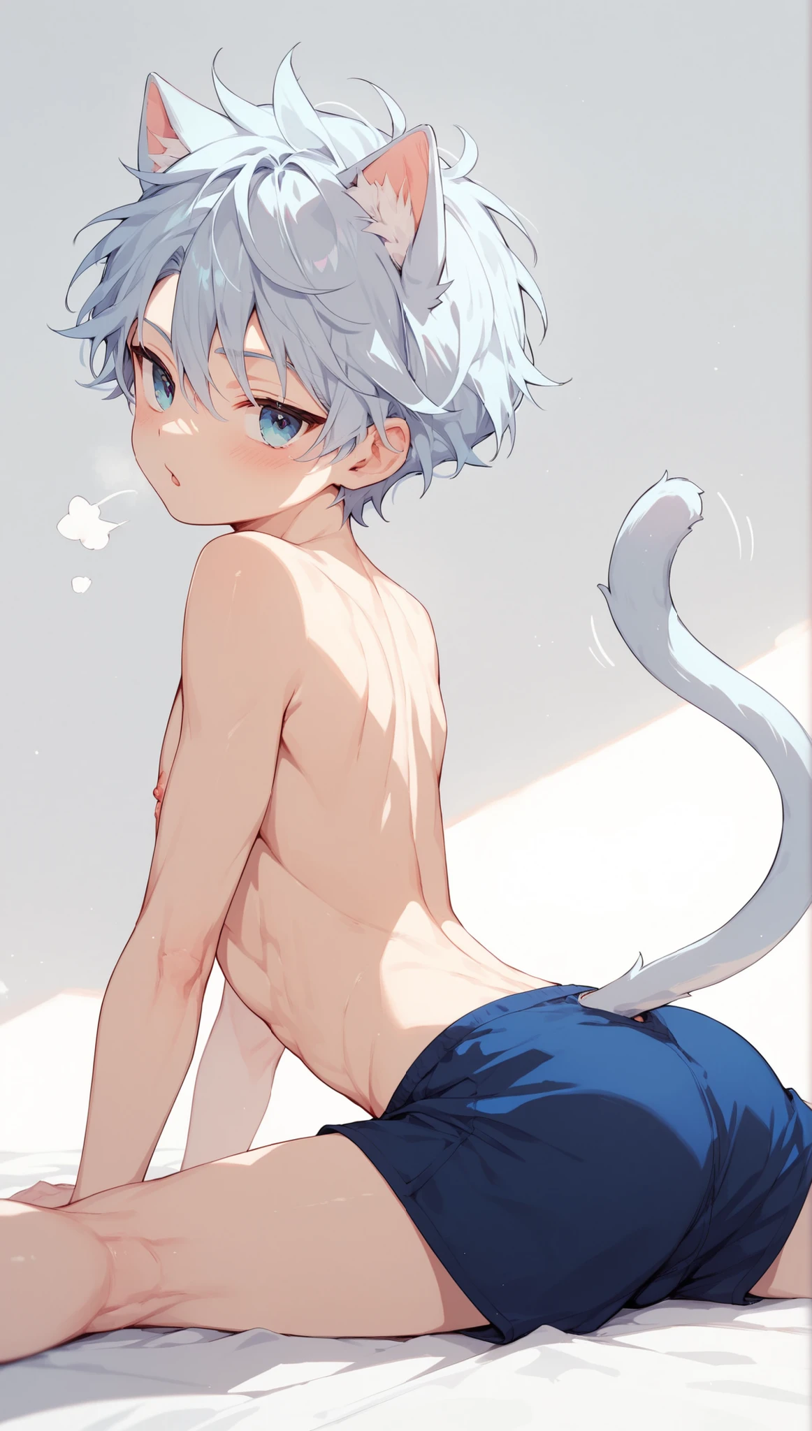 Killua does the stretching motion for cats.He shows his butt