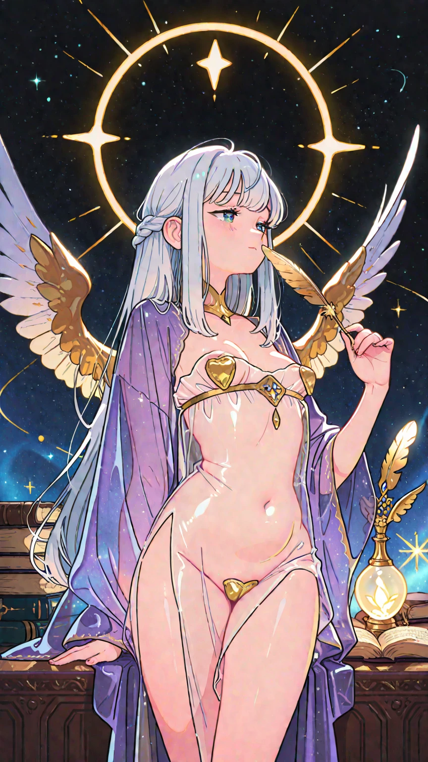 Cabello largo plateado, ojos verdes, bikini armor, tiara, sonrisa, happy, wings, abdomen lindo, muslos hermosos, inside house, womb tattoo