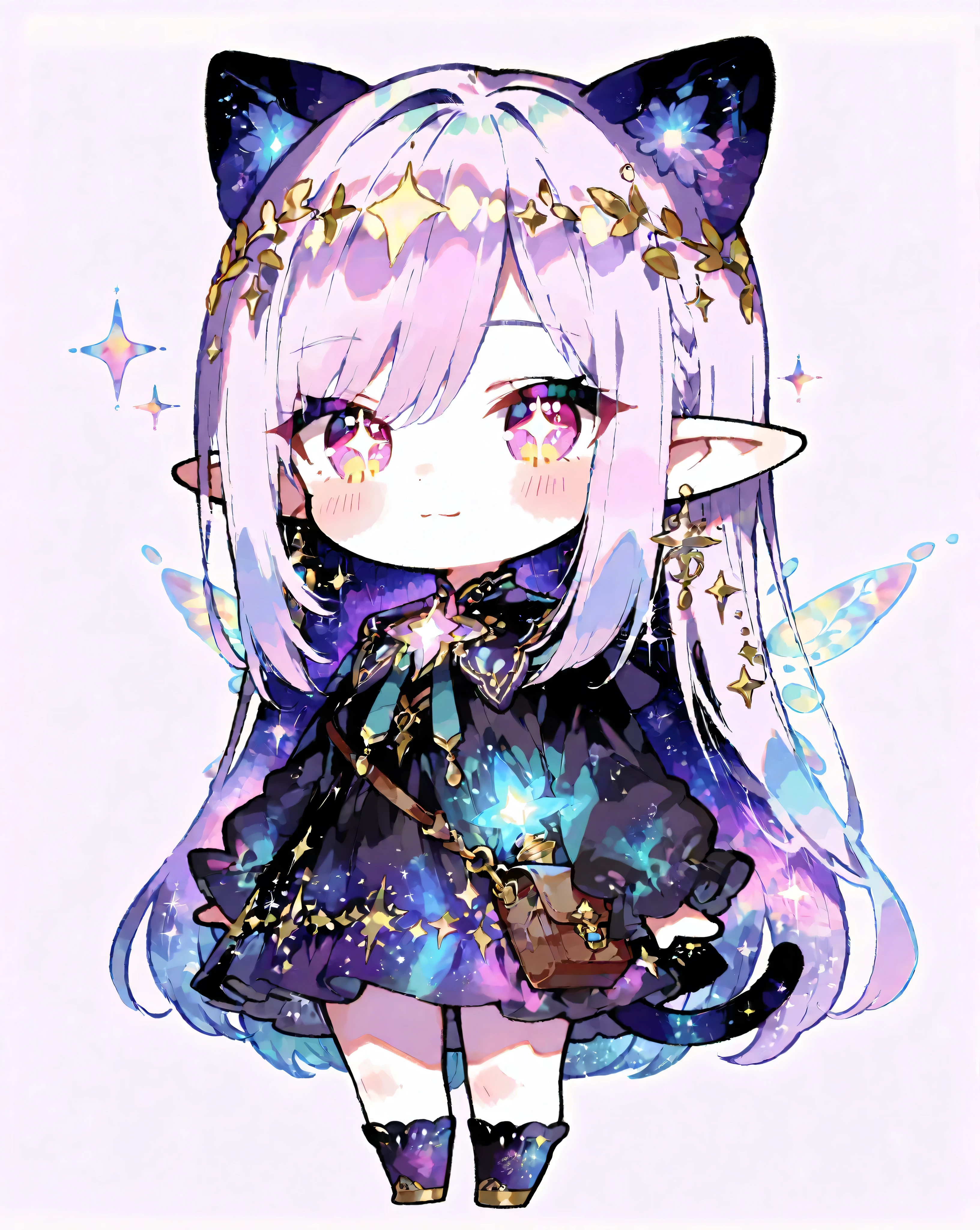 masterpiece, best quality, super-deformed (SD), mini character style, chibi chibi, style of Kei Mochizuki, style of Kei Mochizuki /k.s†,
A delightful chibi fantasy character with oversized, sparkling eyes filled with wonder and mischief. She has short, wavy pastel purple hair adorned with tiny glowing star clips and a delicate crown made of tiny flowers and shimmering leaves. Her outfit is an adorable, flowy dress with a magical, celestial theme — soft lavender fabric decorated with glowing star patterns and gentle sparkles. She has tiny, iridescent fairy wings fluttering behind her, shimmering in pastel rainbow hues. In one hand, she holds a miniature, glowing magic wand topped with a radiant star, and in the other, a small satchel overflowing with glittering fairy dust. Her pose is energetic and playful, as if she’s about to cast a spell or embark on a whimsical adventure. The character's proportions should follow the chibi style with a large head, small body, and exaggerated features, but all details must be clearly visible and not cut off. The character should be centered in the image, occupying about 70% of the frame, with enough space around for a balanced composition. The background should be plain, bright white, simple, and clean to emphasize the character. Ensure the illustration has a soft, vibrant color palette, with smooth shading and a cute, whimsical vibe