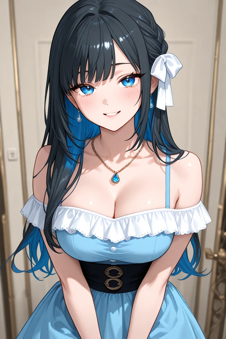 (8K, Best quality, tmasterpiece:1.2),\(eye detailed\),(\(Clothes detail details\)\),full bodyesbian,(huge tit),(Facial focus) ,Very detailed CG unity 8K wallpaper,hugefilesize,ultra - detailed,A high resolution,absurderes,beautidful eyes,Ray traching,dramatic shadow,finely detailled,Dramatic angles,Hyper-detailing,(1 girl:1.3),(Solo),,Mature female,Long hair black,Green eyes,Wearing(cosplaying_magical girl,very cute blue dress with ruffles,Large Ribbon Bow Tie Back),