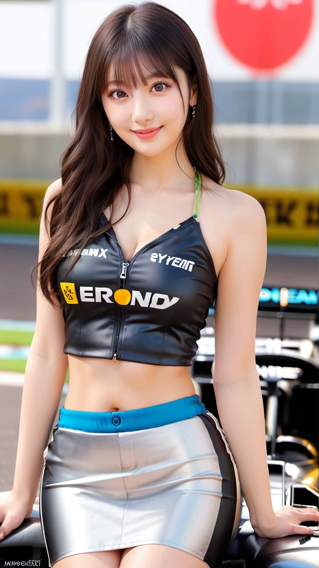 (Daytime, Excellent, 8K, Masterpiece:1.3)), Full body, Long legs, Focal length: 1.2, Perfect Body Beauty: 1.4, Slim Abs: 1.1, ((Dark Brown Hair, Big Breasts: 1.2 )), (racing suit, latex, Standing: 1.2), ((City, Blue Sky and White Clouds: 1.3)), Highly detailed face and skin texture, Detailed eyes, Double eyelids, Flying long hair,crop top, navel,