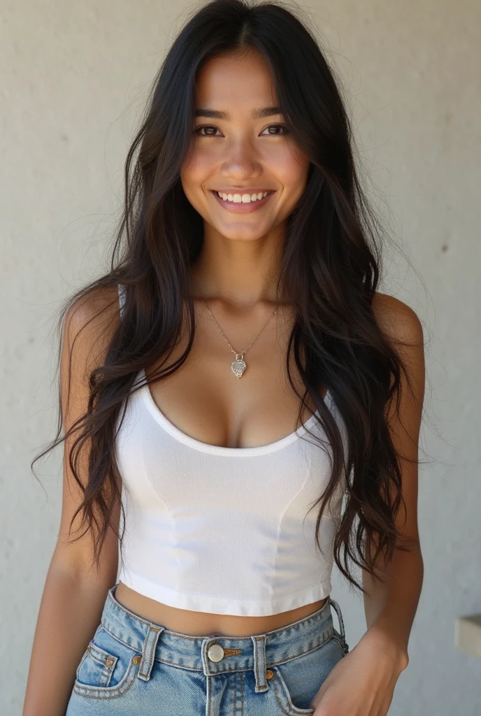 Atrakrive asian woman, with big round breasts, wears tight bra, wearing tight long-sleeved white T-shirt with neckline, wide hips, skintight jeans, western heavily made up, long black curly hairy big earrings, Red lips, you can see the breasts, smiles seductively excited, sexly will sex, round straight breasts, breasts pressed against the body , Huge, Huge, huge elaborate wide earrings, huge elaborate wide earrings , Huge, Huge , Highlights on huge unrealistically large wide juicy wet breasts, sexly, want to fuck, bigger breasts , sexually aroused, errant, slinky, slinkye pose